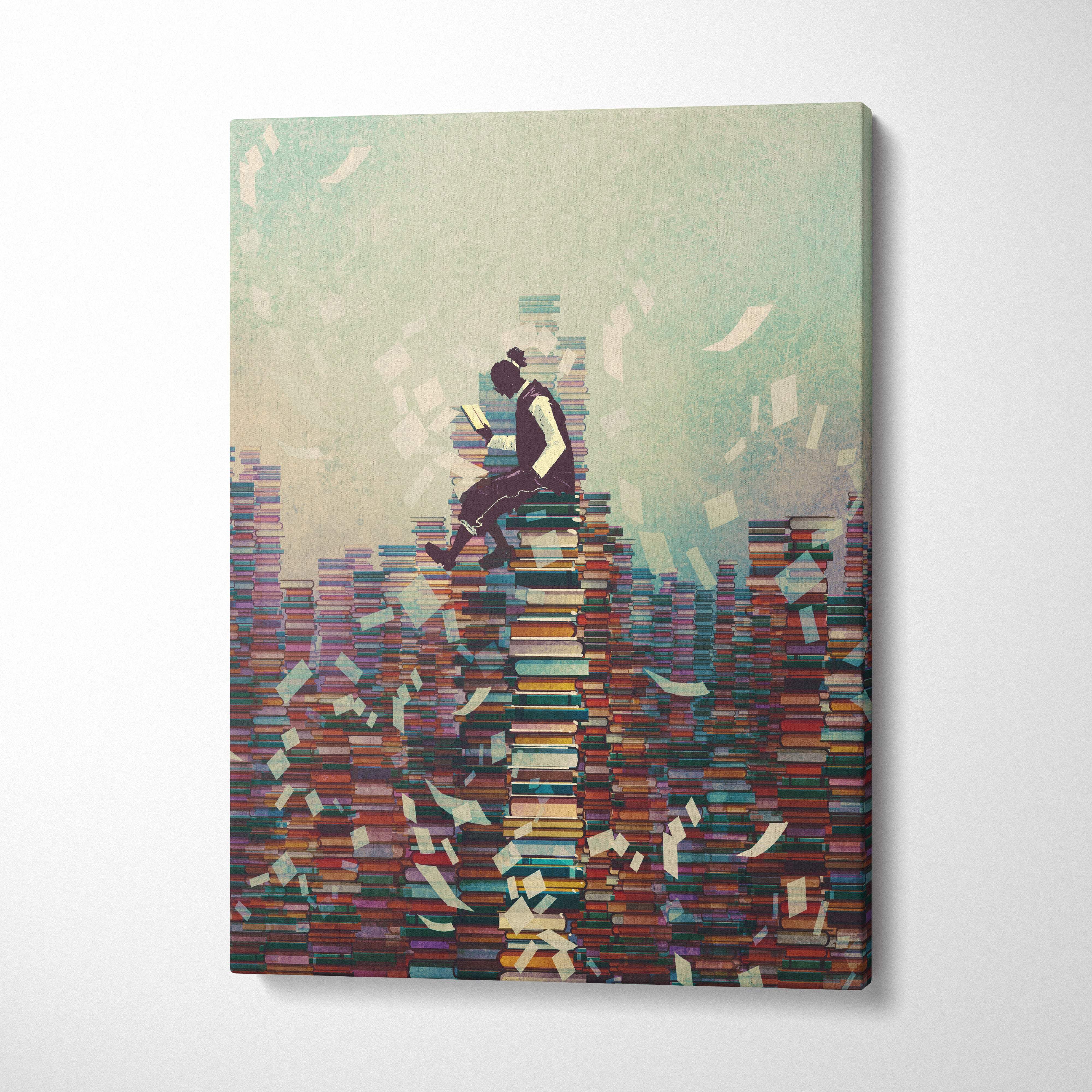 Rectangular canvas art showing a stylized silhouette reading among muted tone book stacks and floating papers