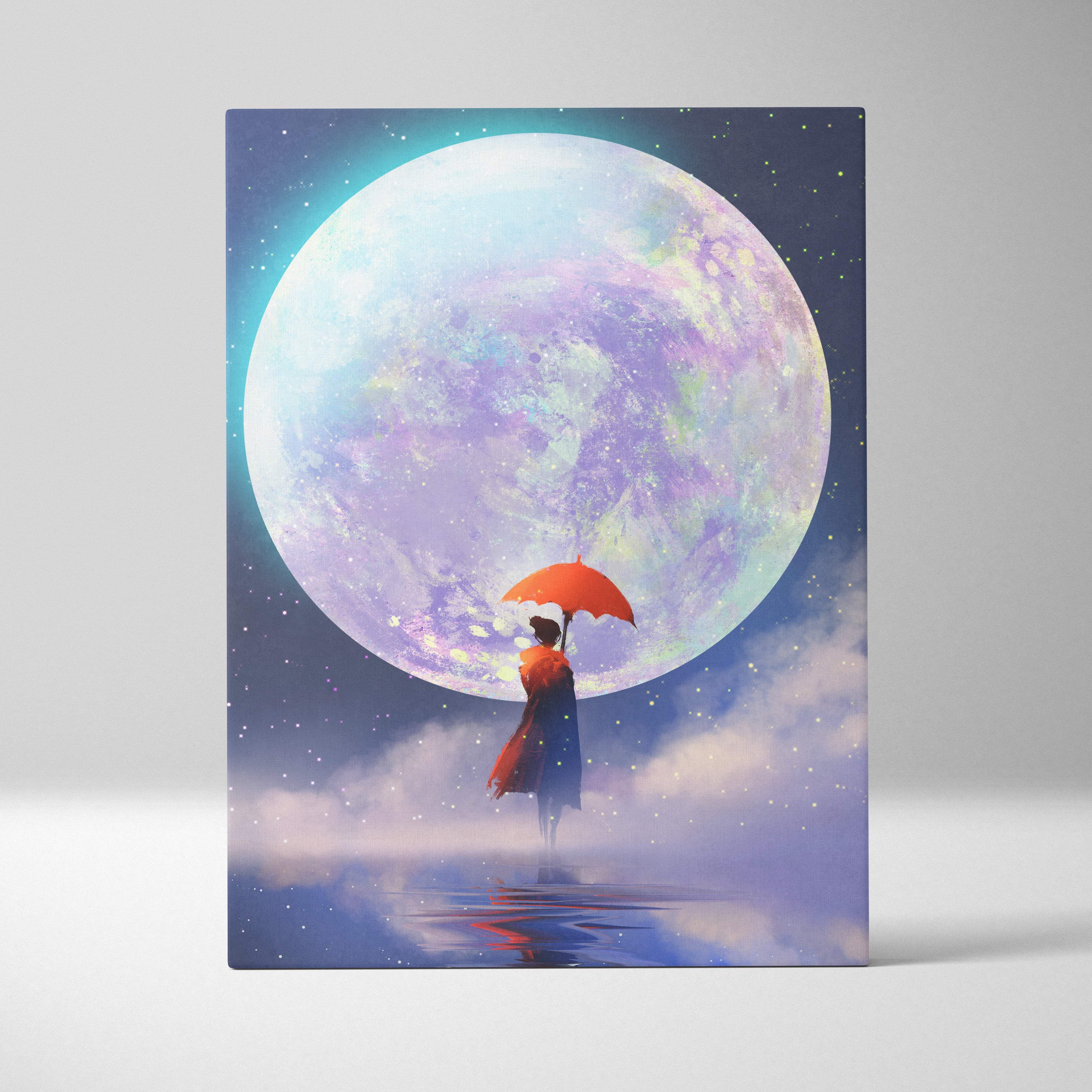 A rectangular canvas print featuring a surreal woman in a red coat with an orange umbrella against a moonlit sky