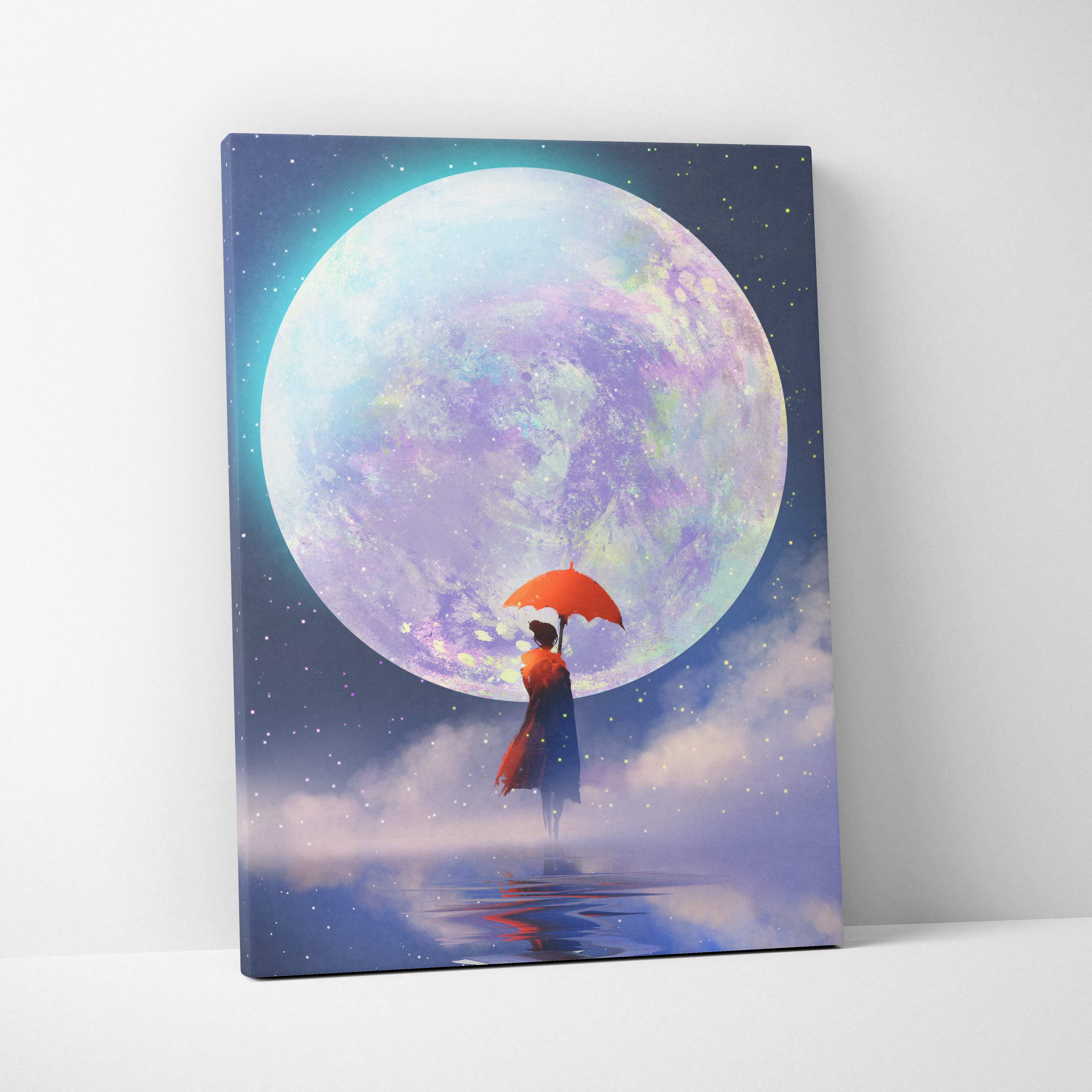 A vibrant canvas print titled lunar dreamscape serenity showing a woman in a red coat with an orange umbrella before a purple moon