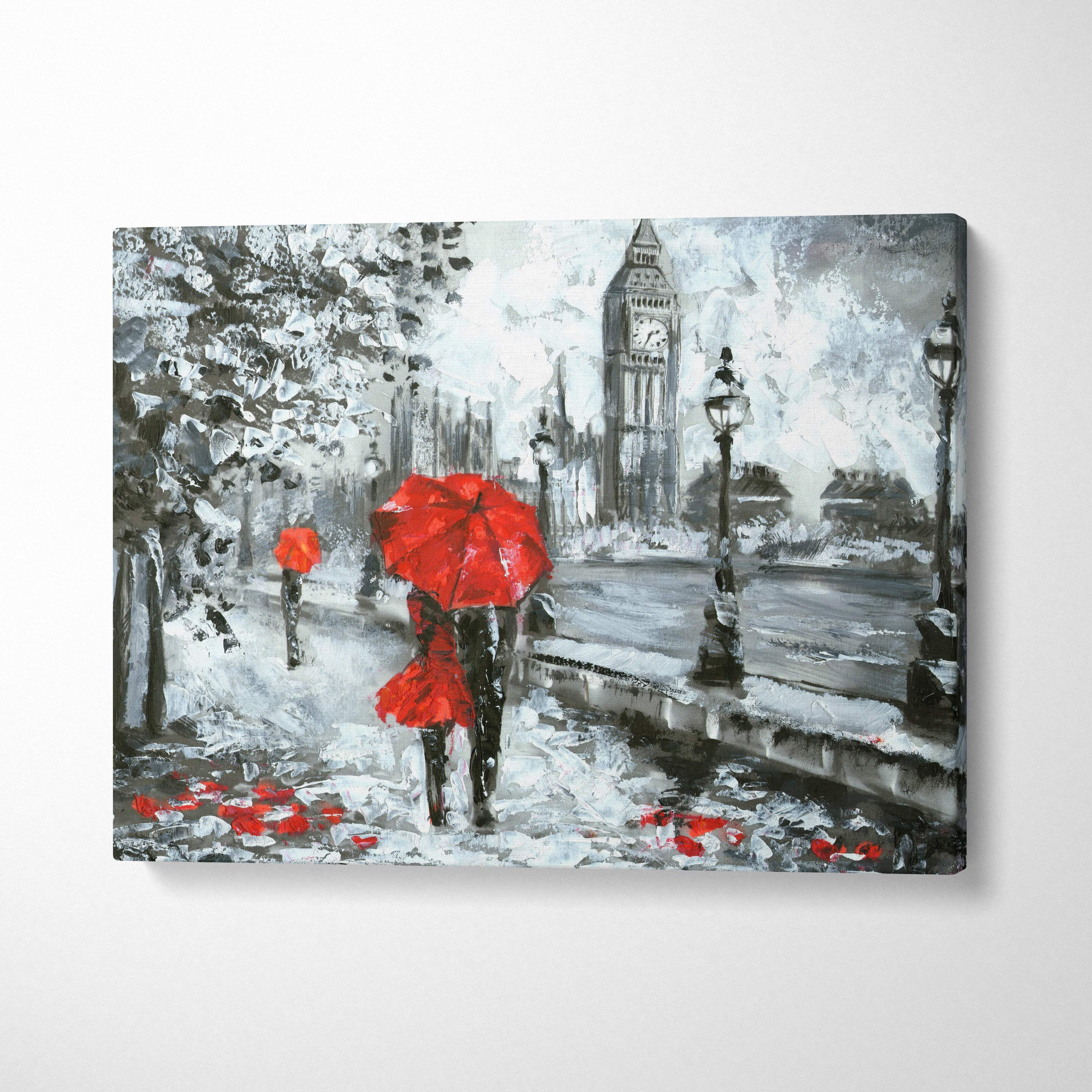 London rain scene painting style wall art featuring a red umbrella couple by Big Ben on a snowy cityscape canvas print