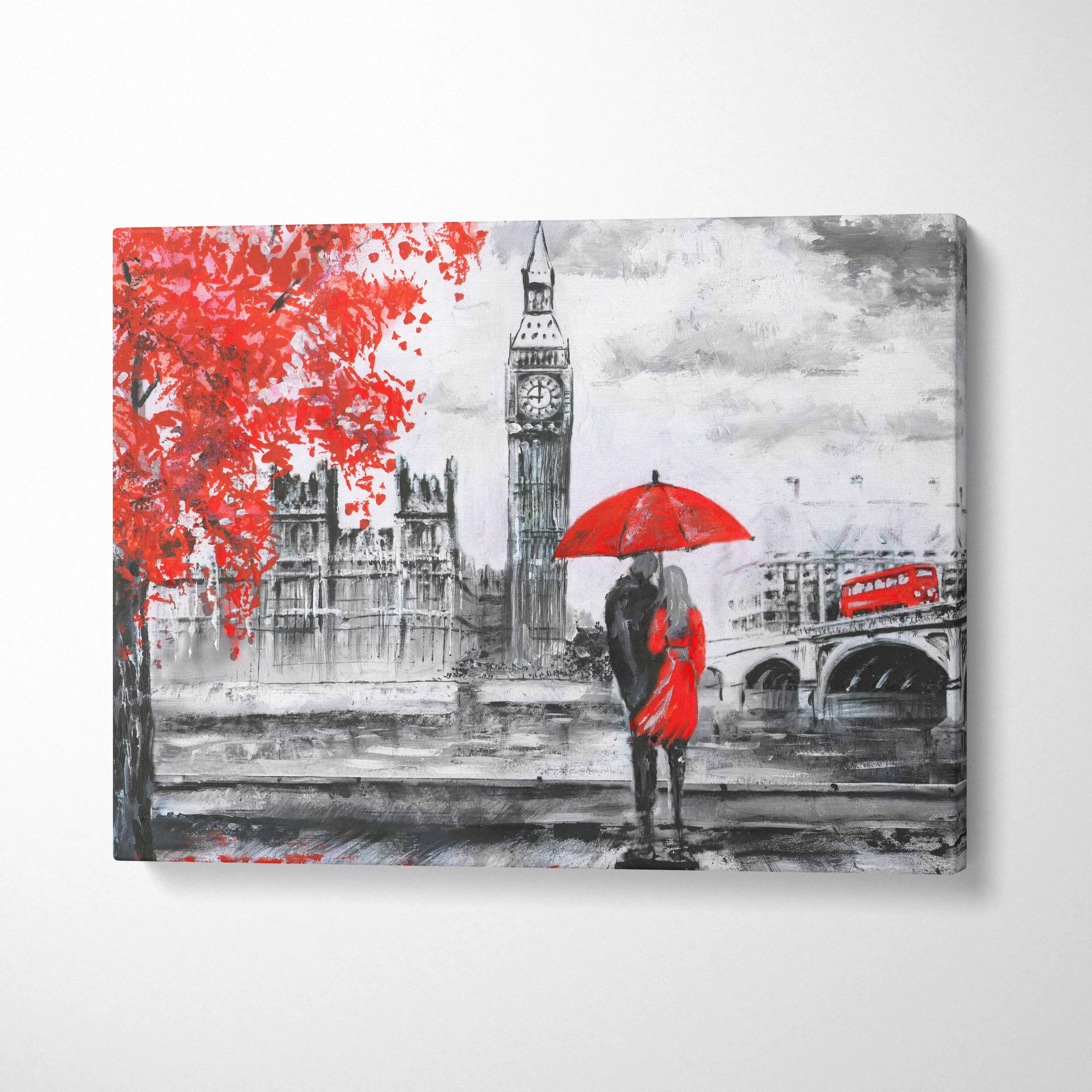 London romance painting style wall art featuring a red umbrella couple with Big Ben and double-decker bus canvas print