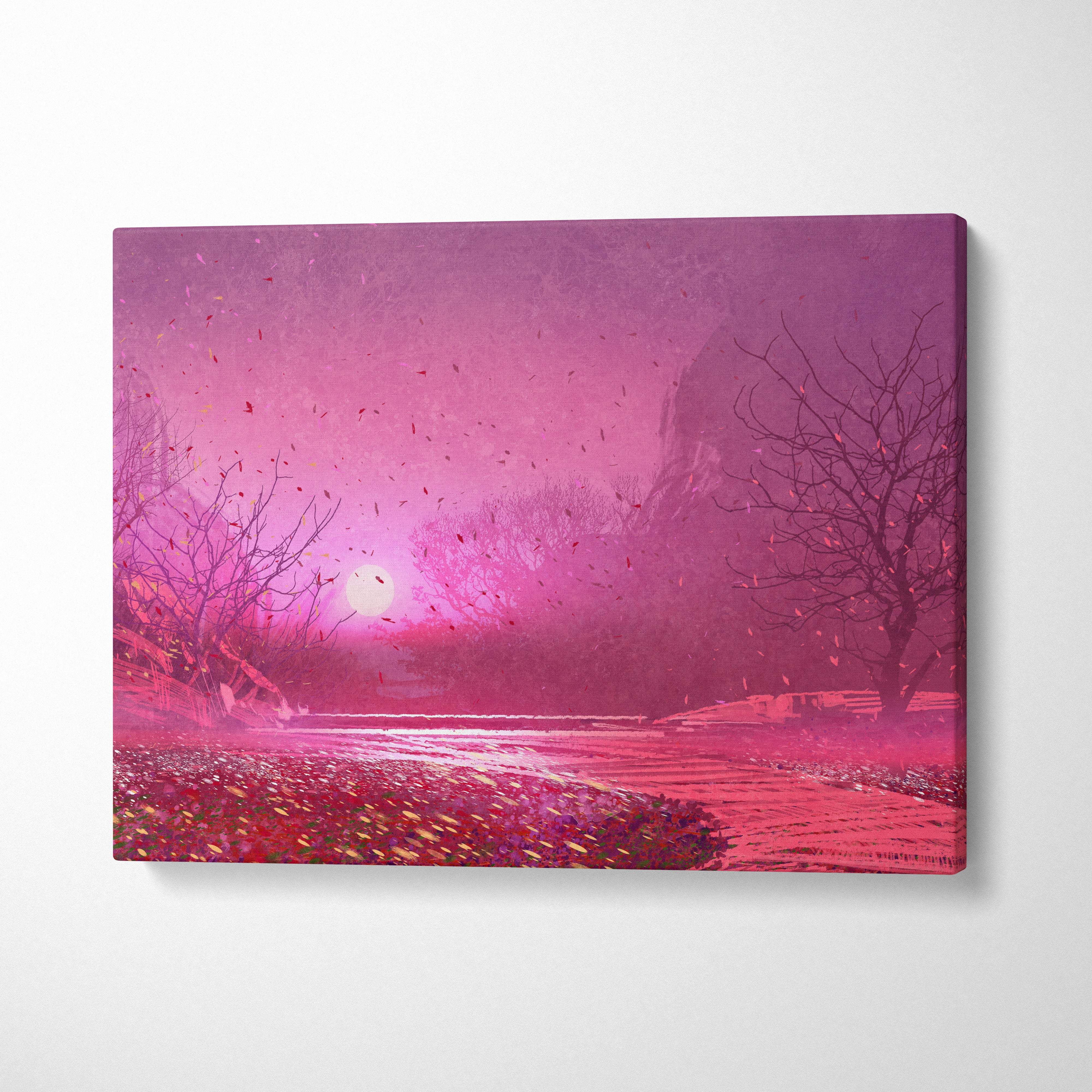 A vibrant pink canvas print featuring a dreamlike sunset landscape with misty trees, falling petals, and glowing sun