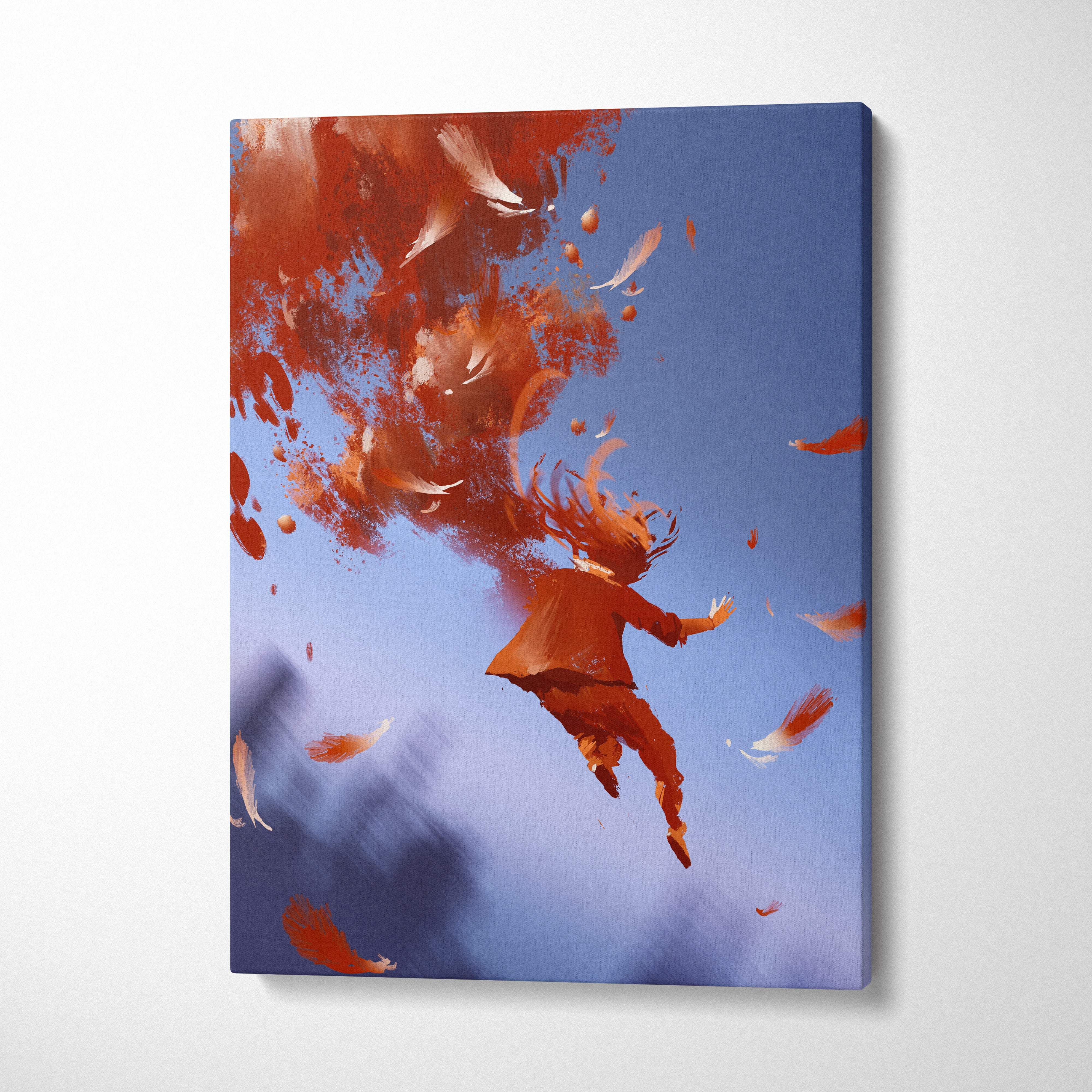 A vibrant canvas print of an abstract surreal figure surrounded by swirling orange feathers against a blue sky