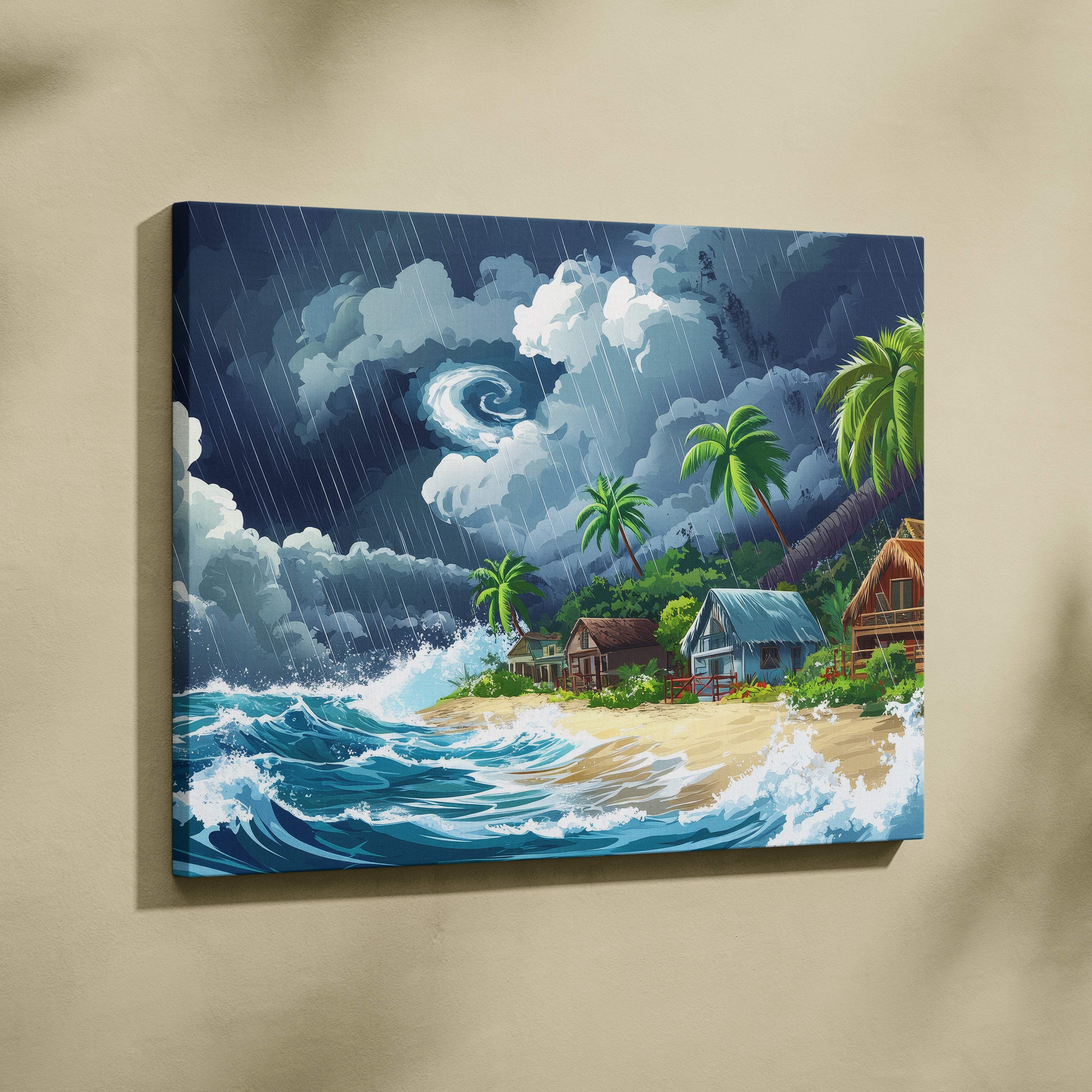 A vibrant canvas painting of a tropical beach village with teal ocean waves and a dark stormy sky wall decor