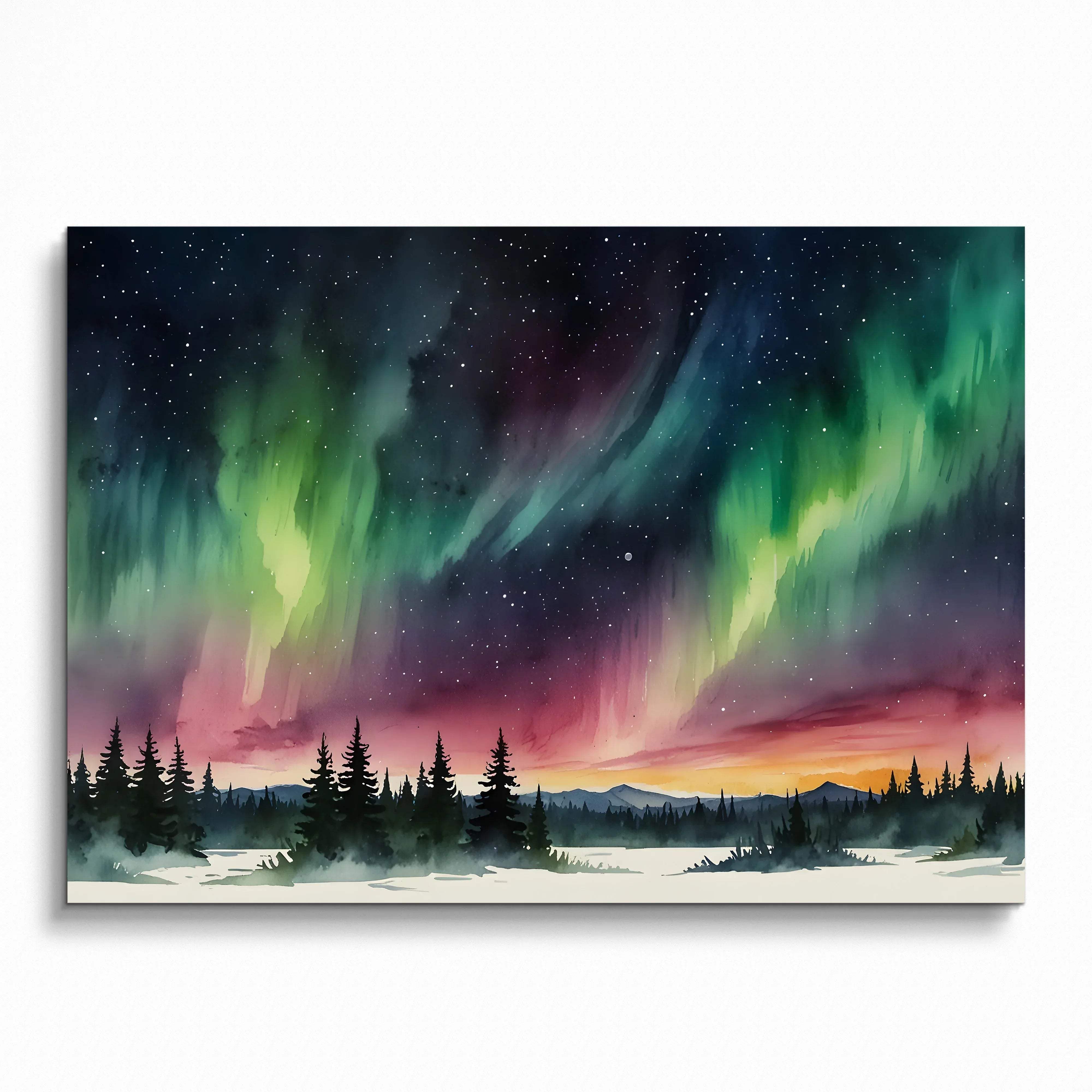 Serene watercolor night sky poster with northern lights over pine trees and mountains wall art.