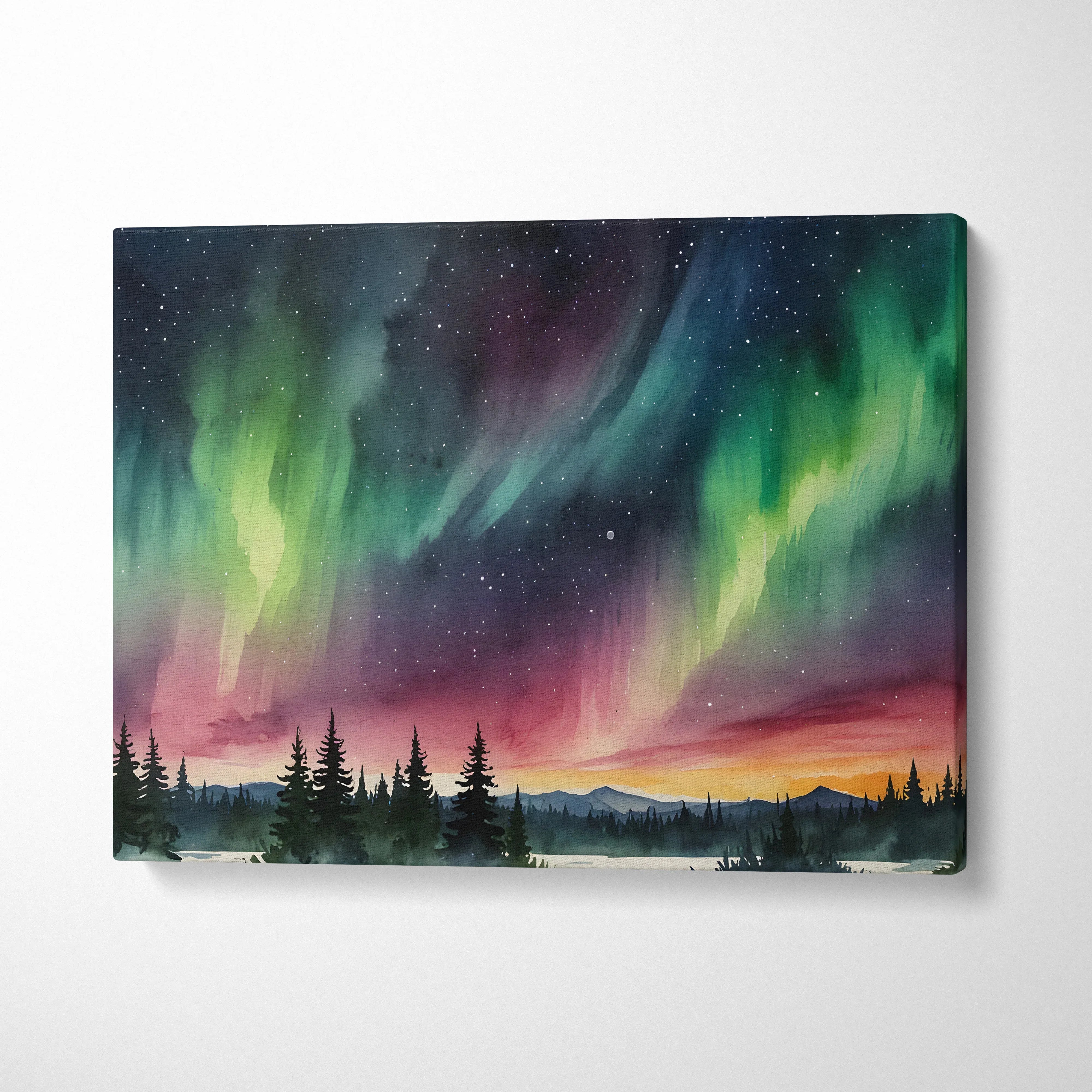 Watercolor night sky canvas wall art with vibrant northern lights over pine trees silhouette.