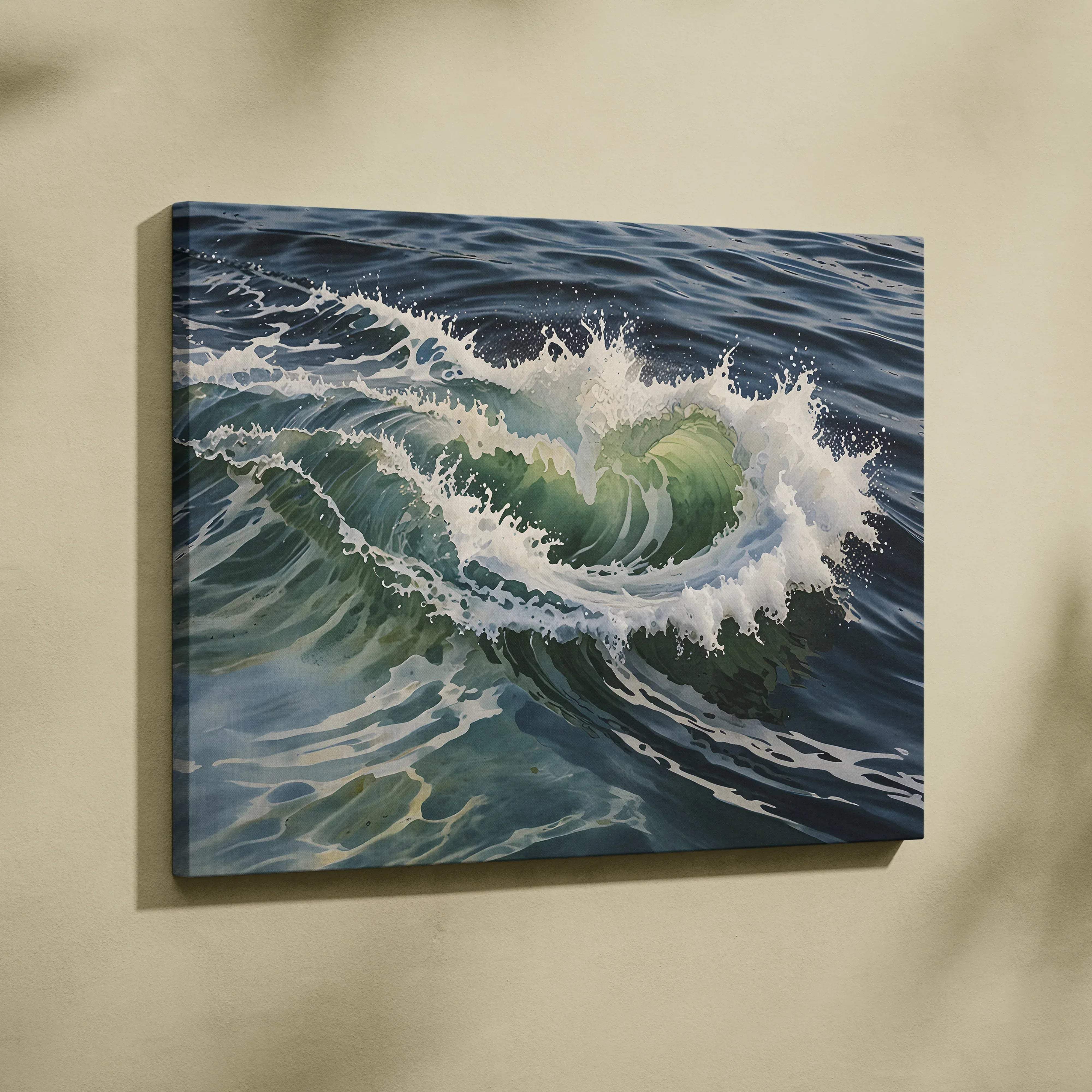 A canvas print of watercolor ocean seascape with deep blue and green waves for coastal home decor