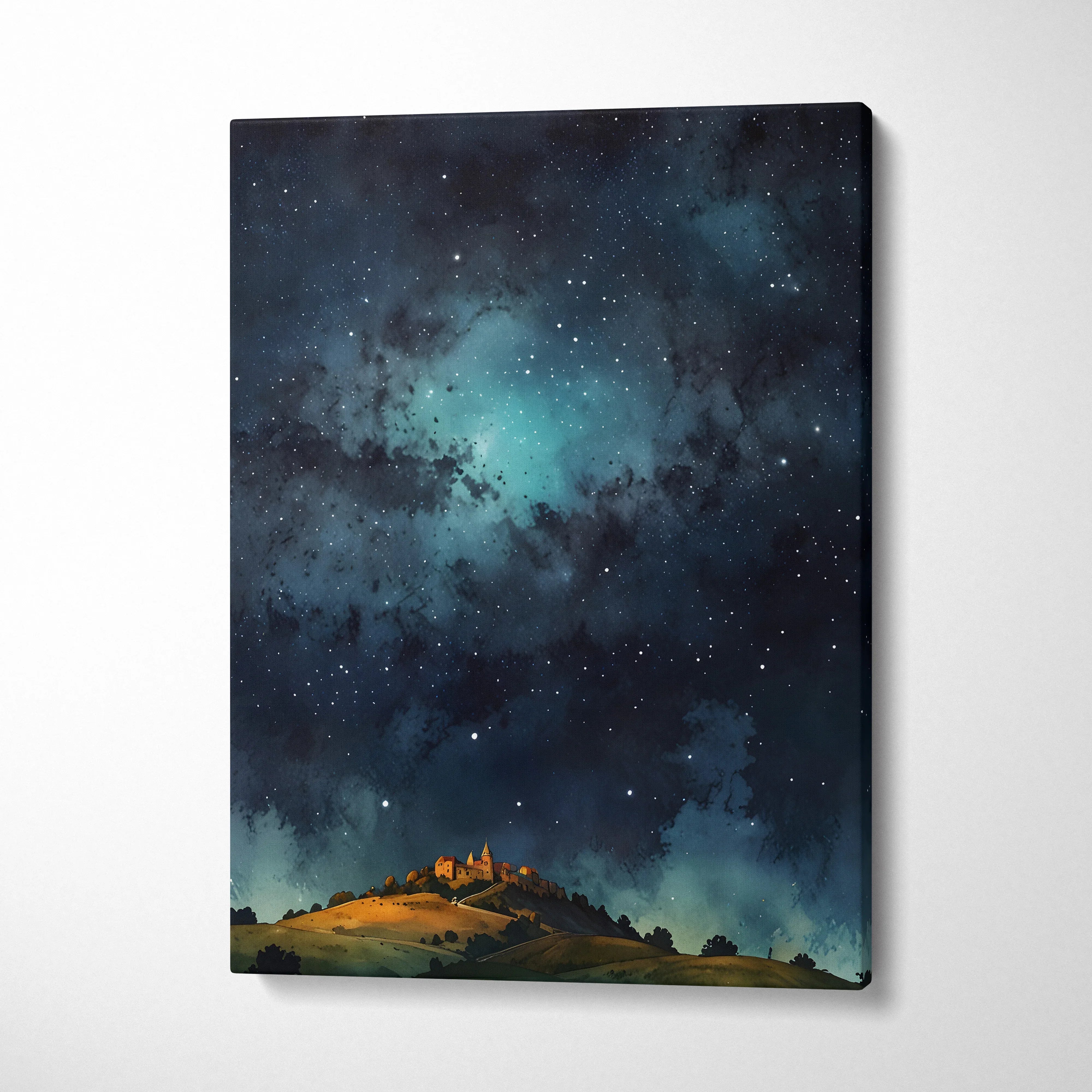 Vertical canvas wall art featuring a watercolor night sky with stars over a lit hilltop village.