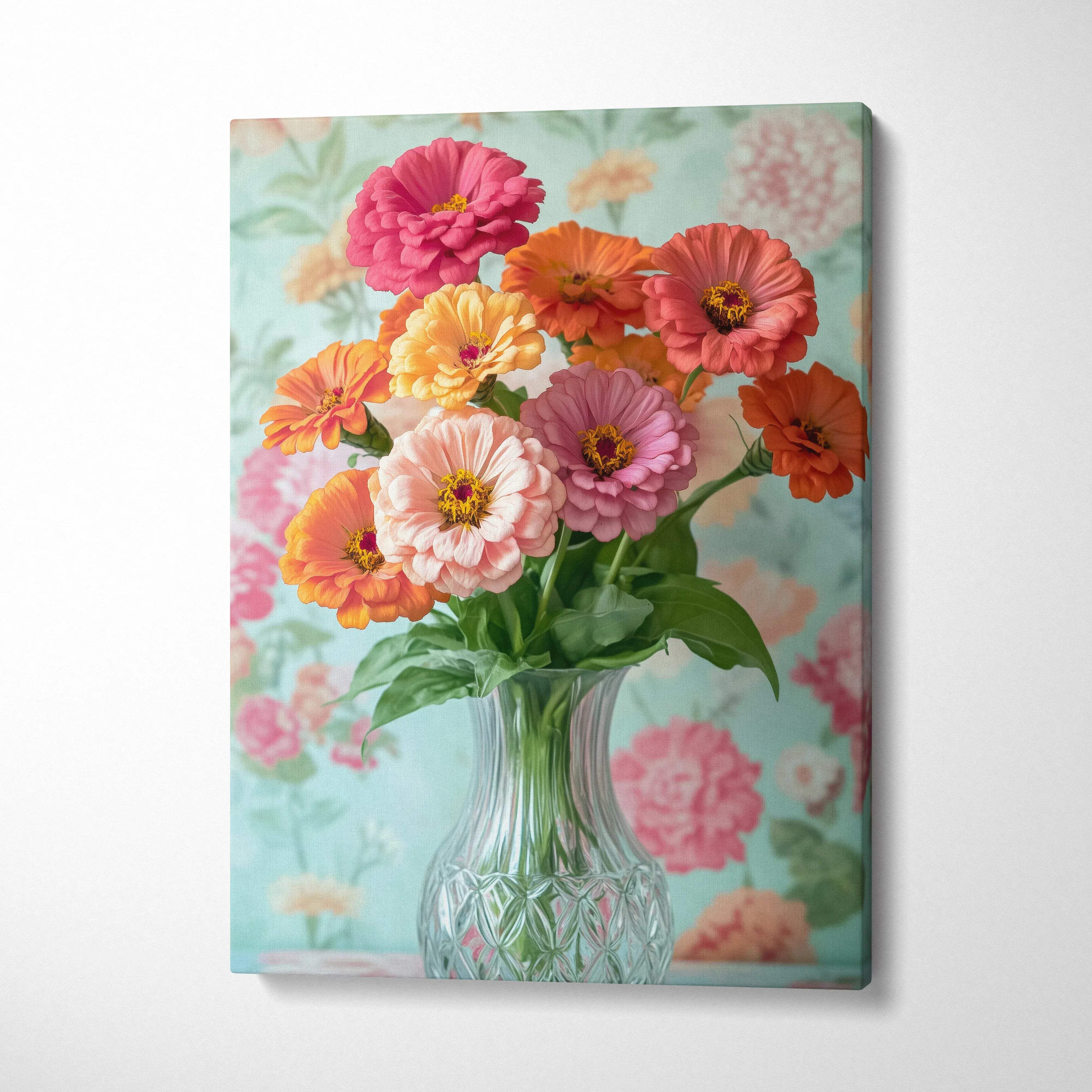 Colorful floral bouquet canvas wall art with pink, orange, and peach flowers on pastel background.