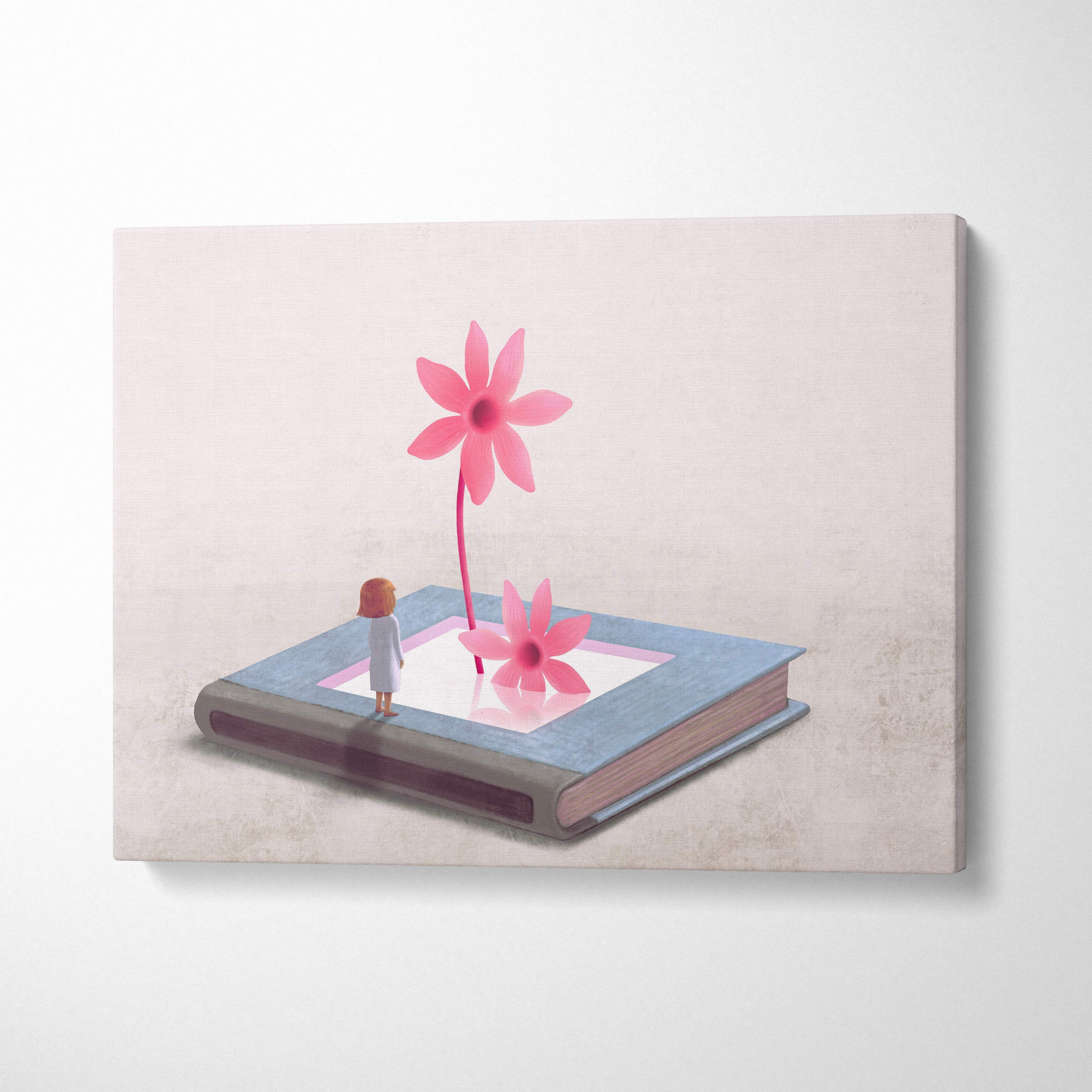 A soft pastel canvas wall art featuring a girl standing on an open book with vibrant pink flowers blooming from pages