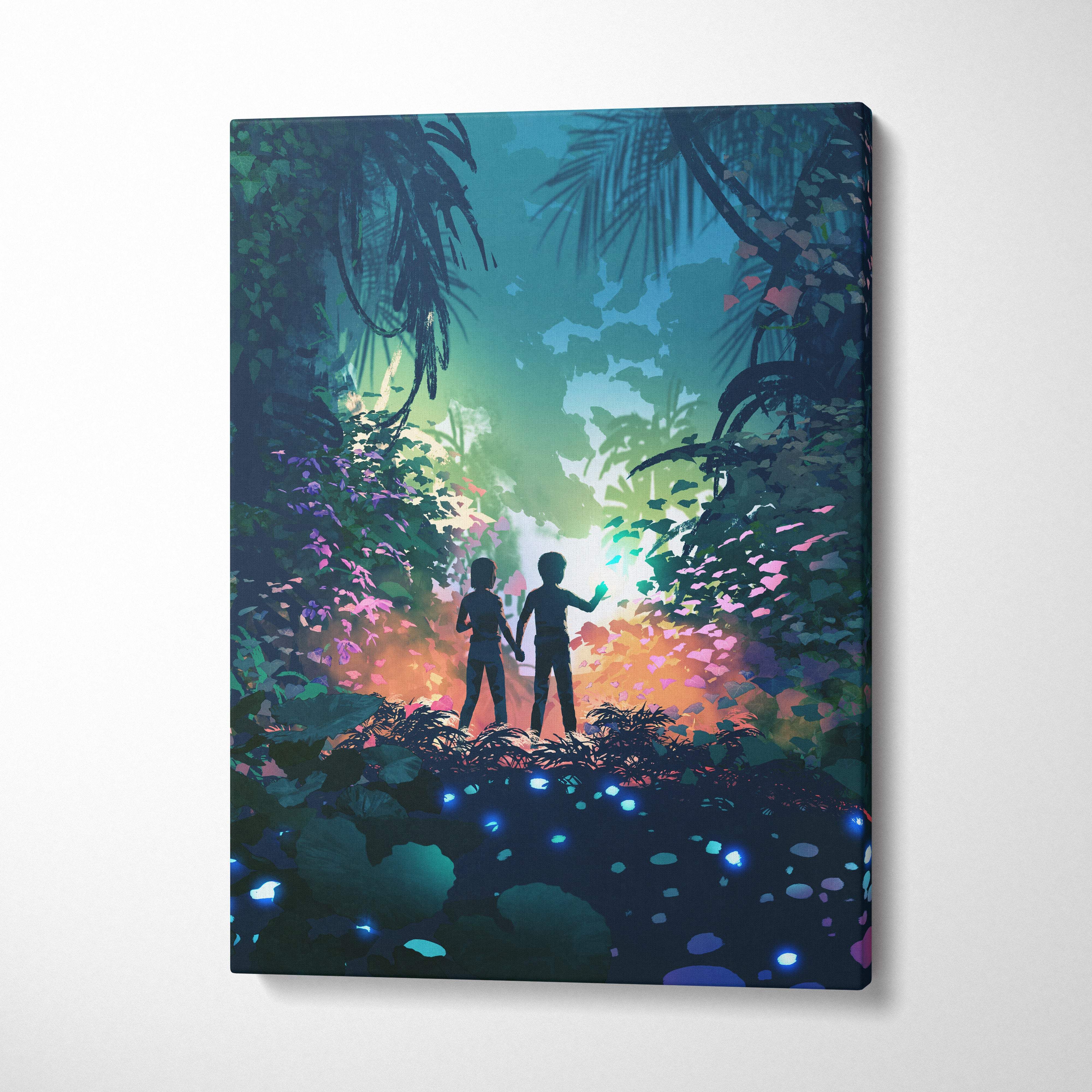 Magical jungle adventure canvas wall art showing two silhouetted children exploring a glowing forest path with blue lights