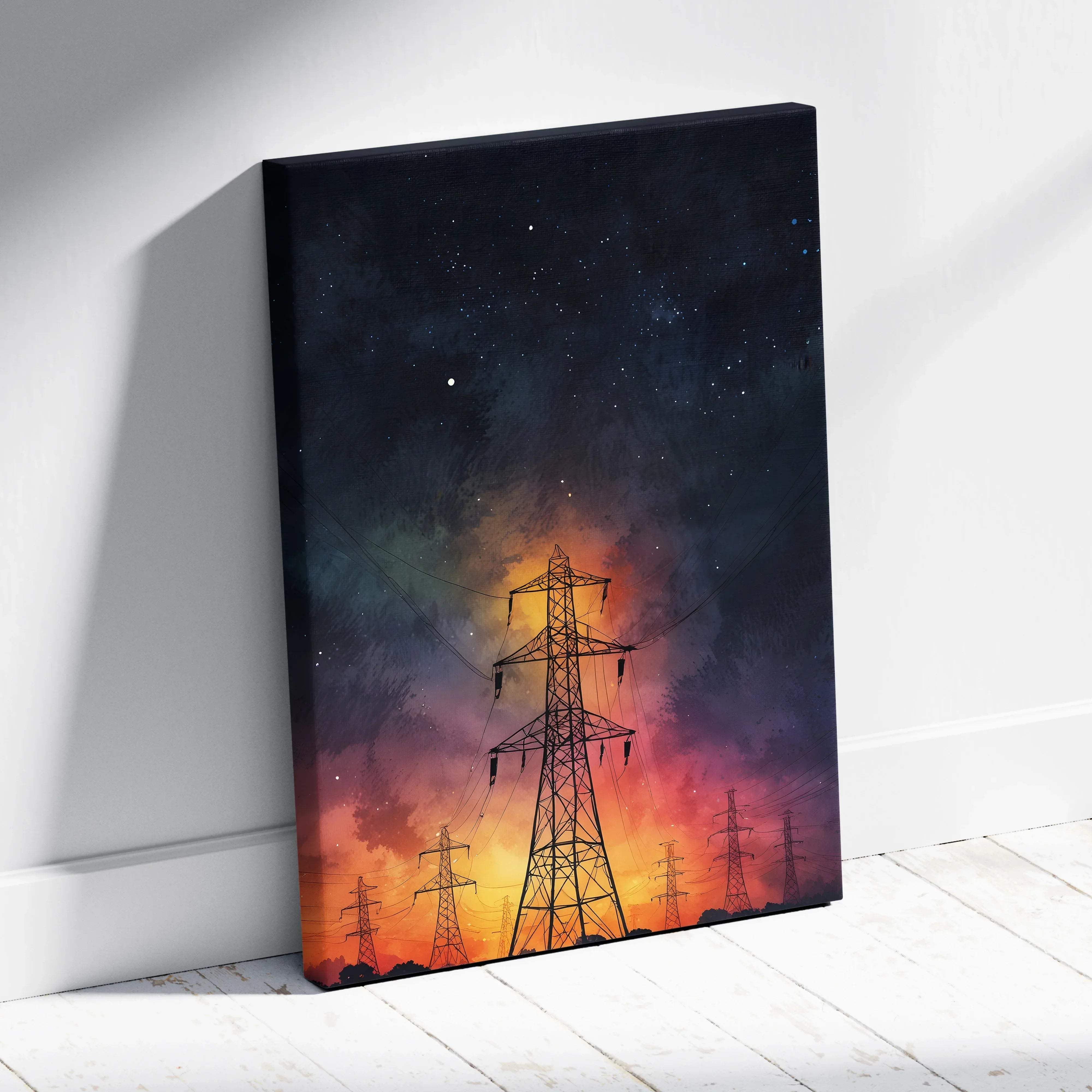 Canvas print with silhouette of power lines against vibrant orange to blue gradient sky with stars in watercolor night sky style