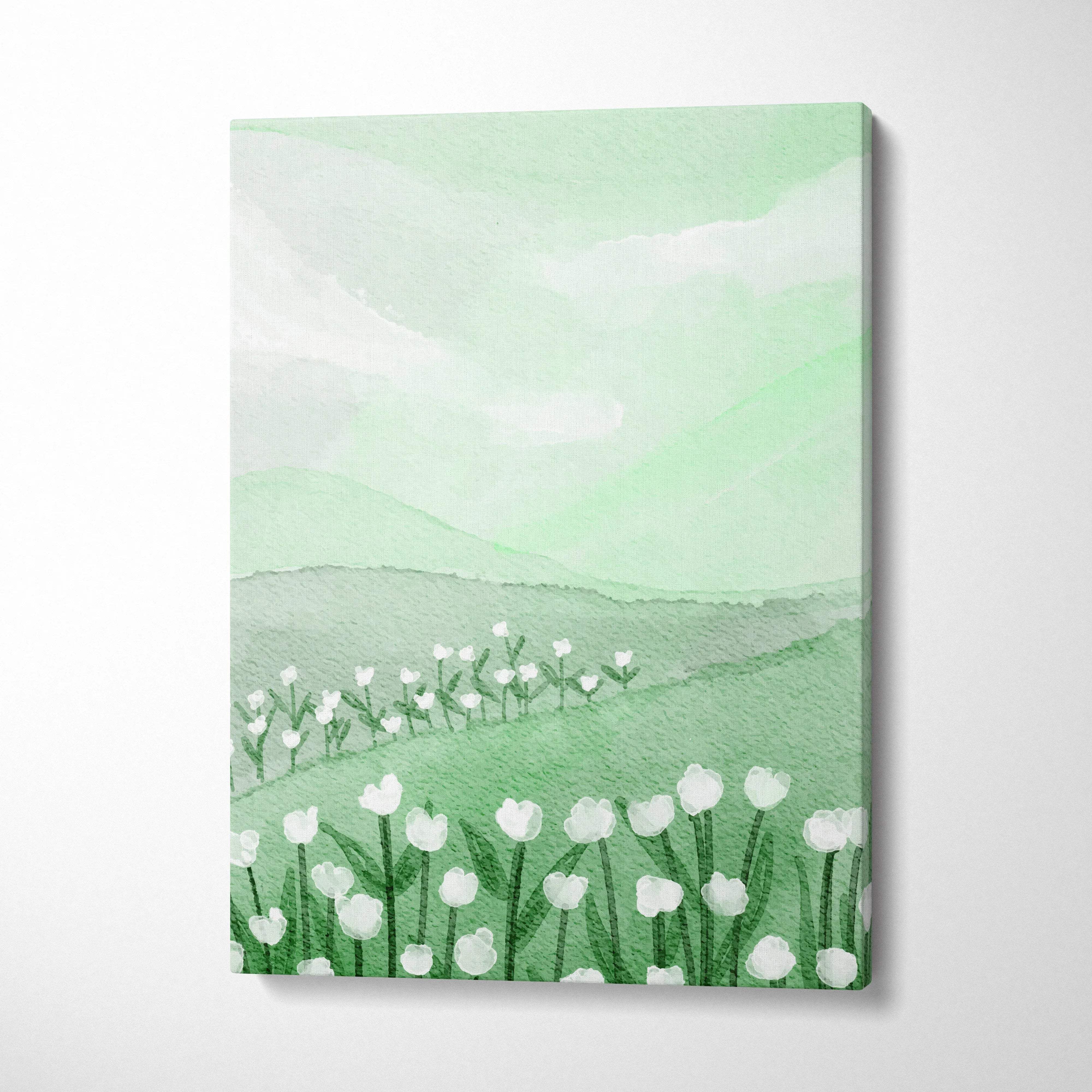 Watercolor spring meadow canvas print with white tulips in mint sage tones