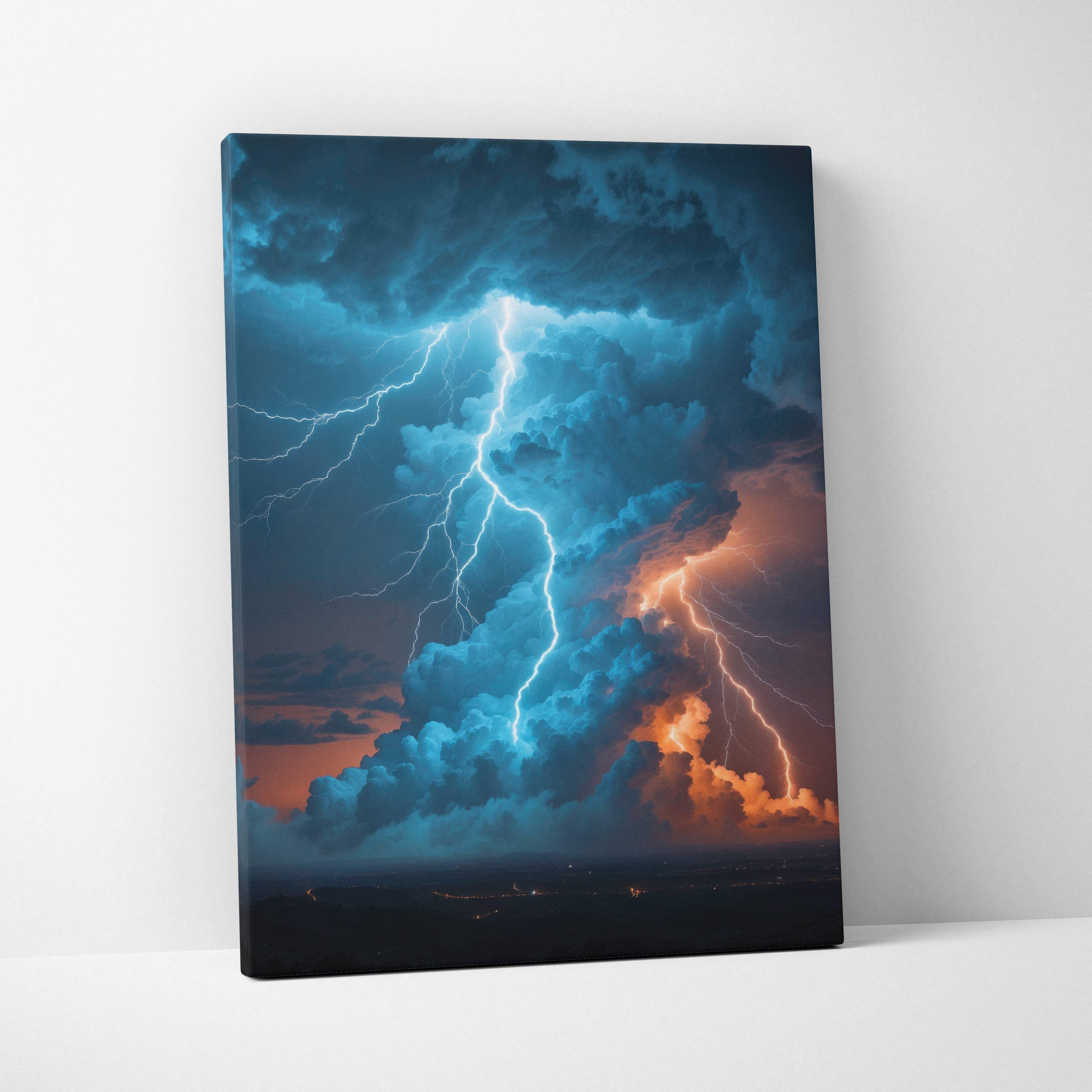 Vibrant storm scene canvas print featuring massive thunderstorm tower with dual blue and orange lightning strikes over night landscape