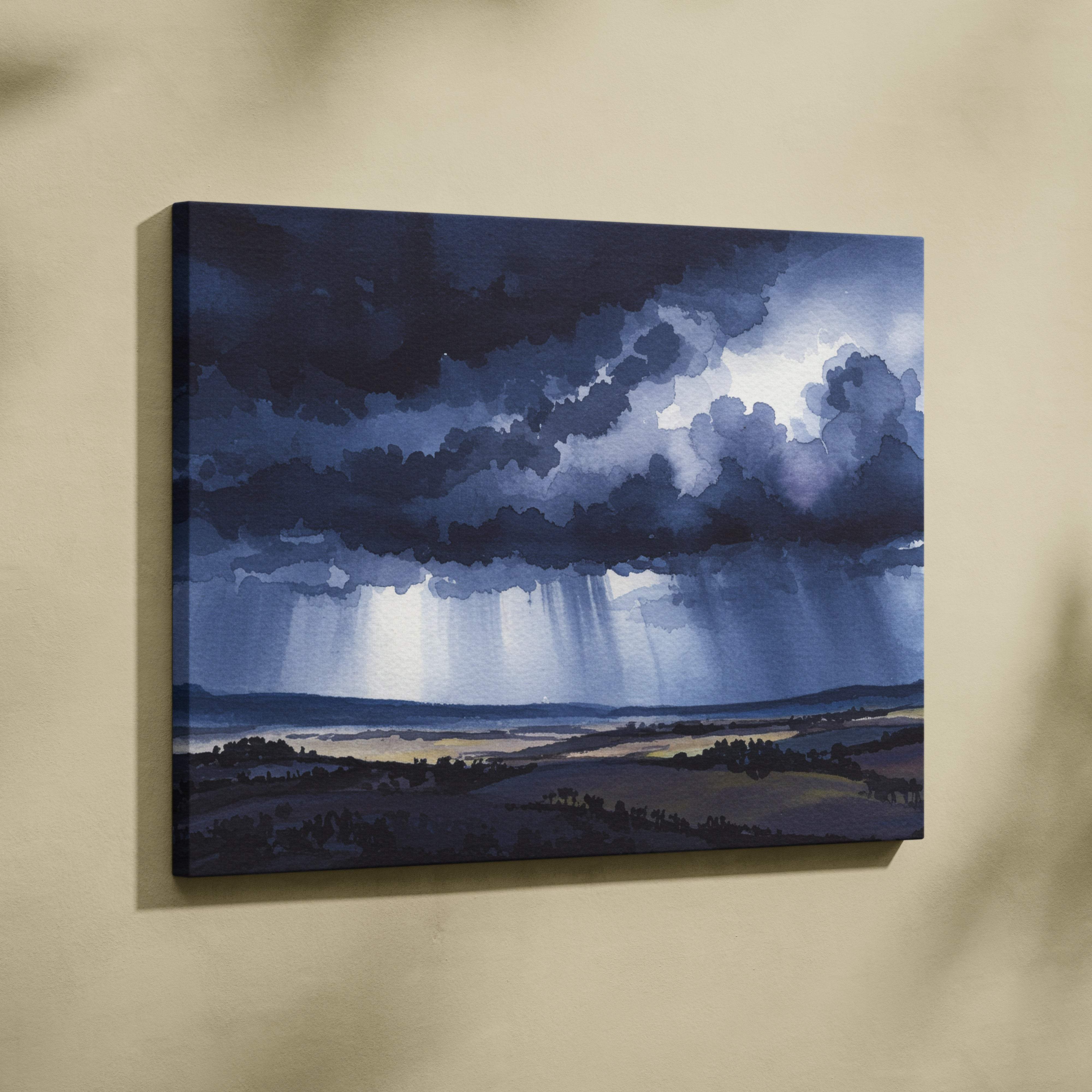 Rectangular canvas print featuring a dark blue watercolor stormy sky over a sunlit valley for moody room decor