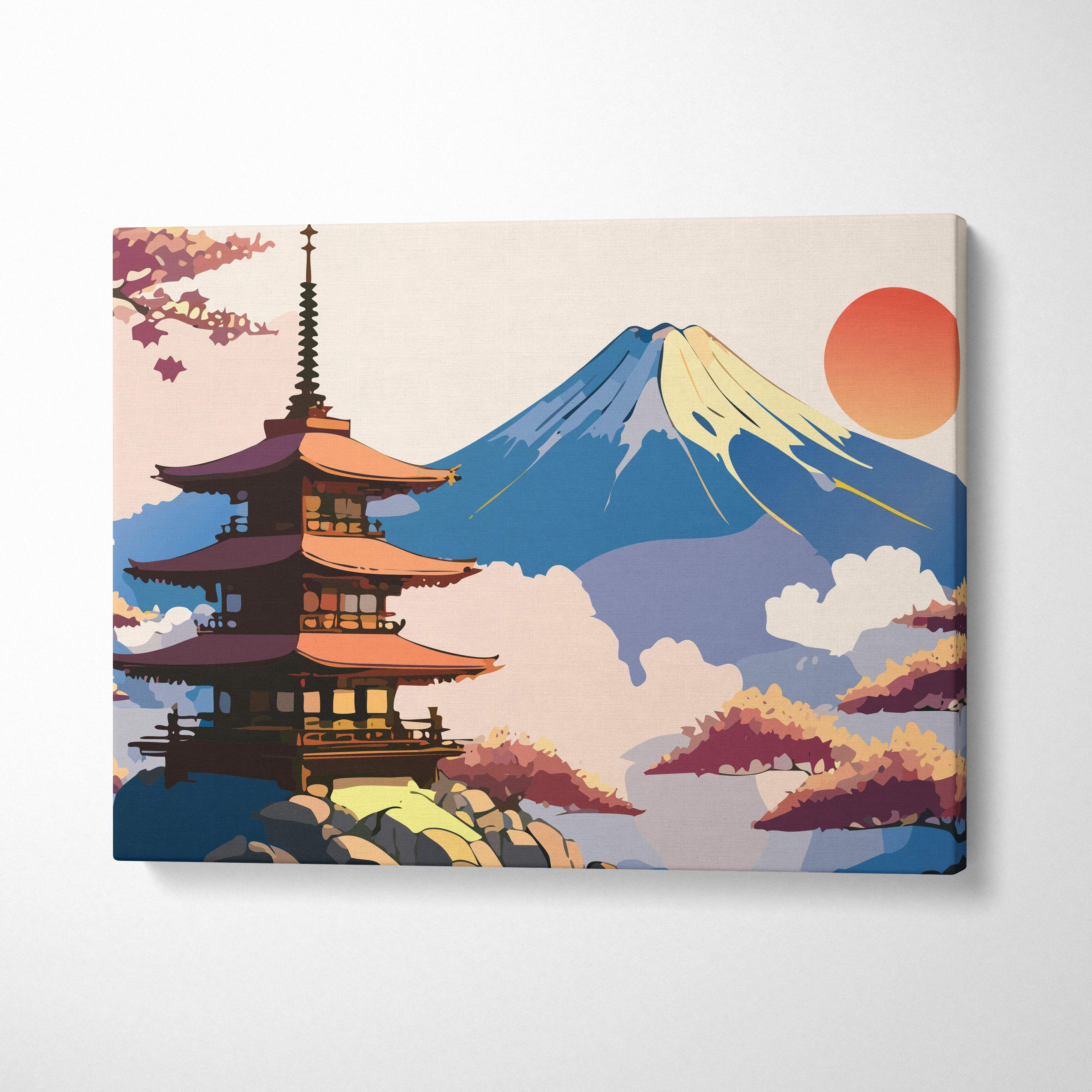 Mount fuji pagoda canvas wall art with orange roofs and purple accents against blue mount fuji and warm orange sun