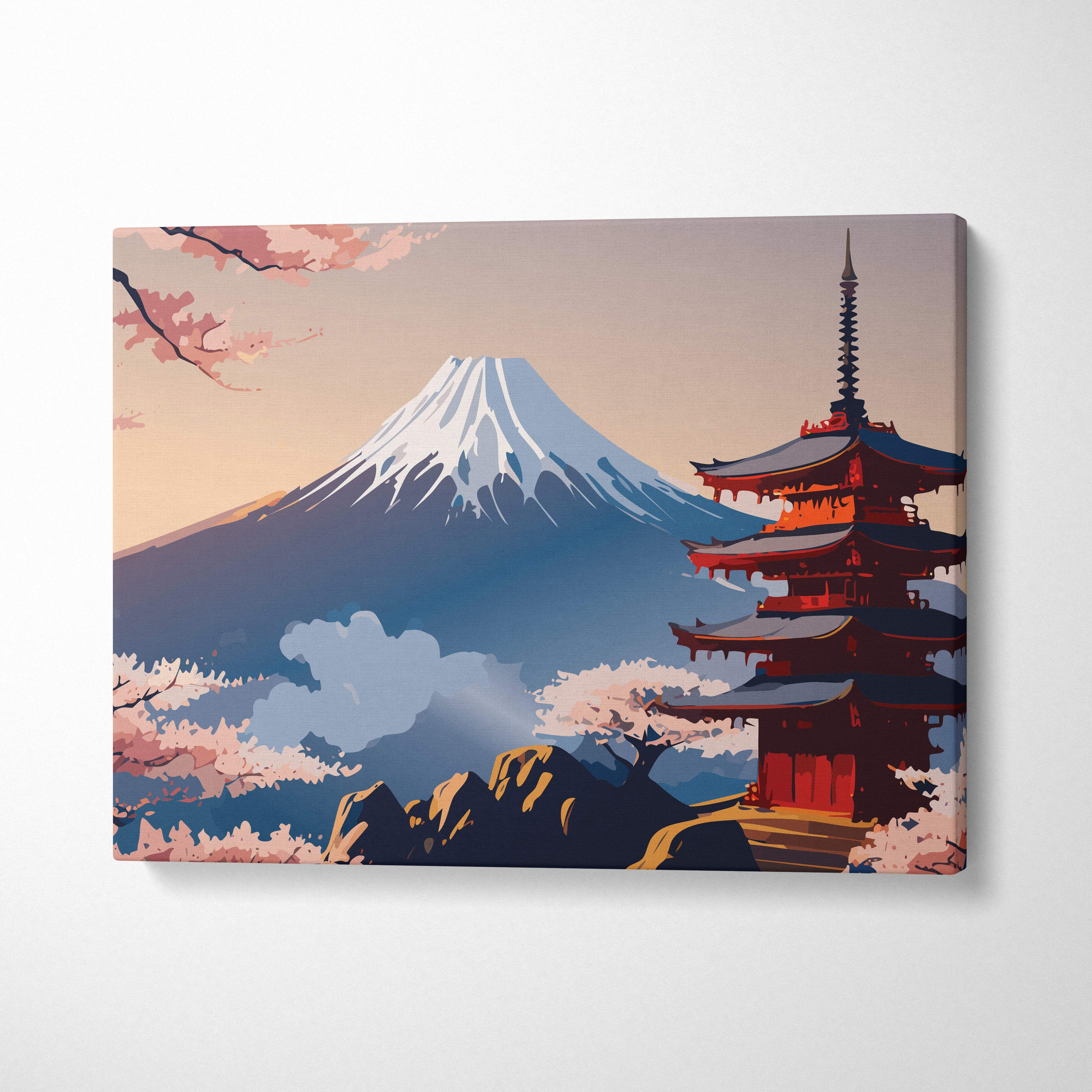 Vibrant mount fuji pagoda canvas wall art with blue pink cherry blossoms in japanese vector painting style