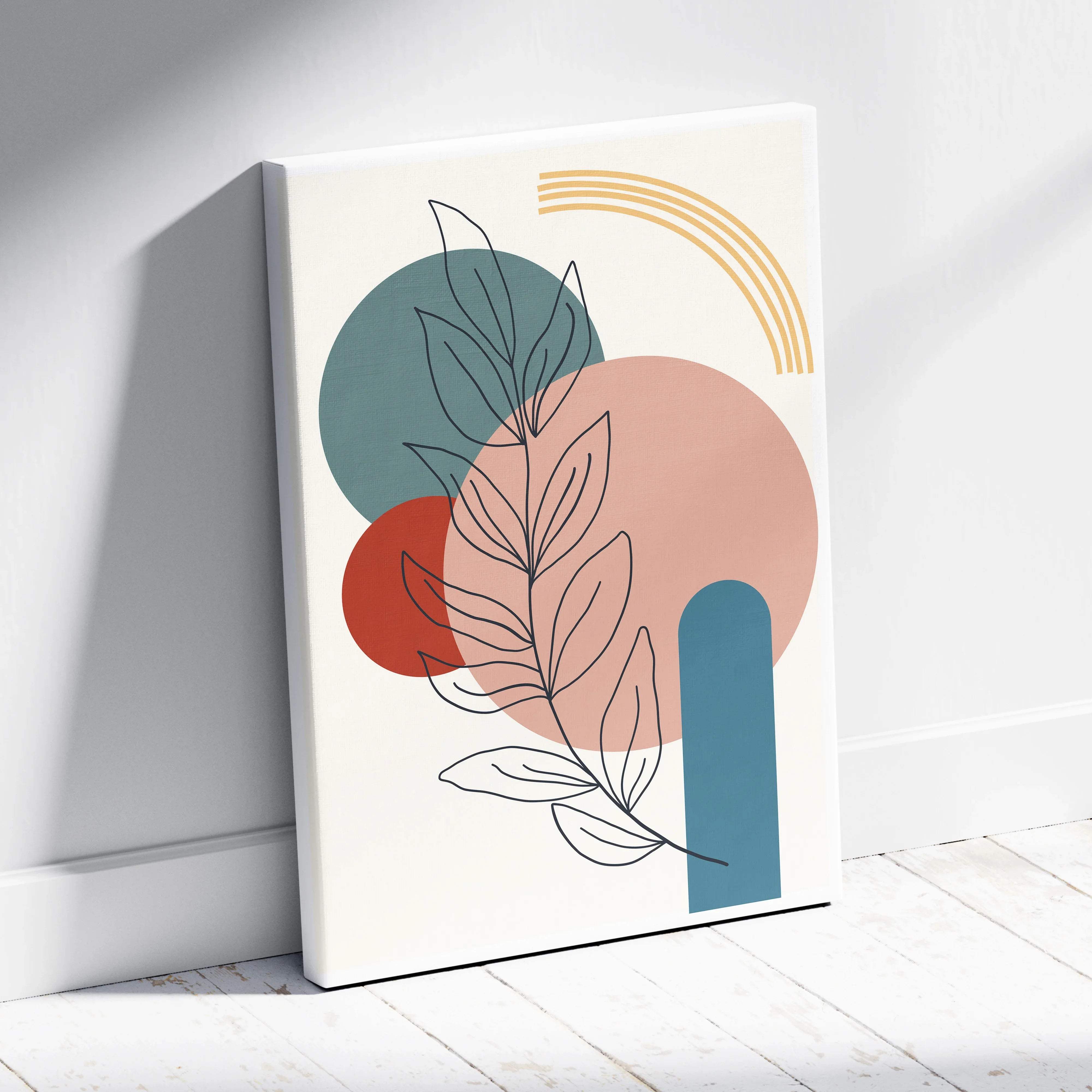 Mid century abstract botanical line art canvas in teal terracotta blush cream