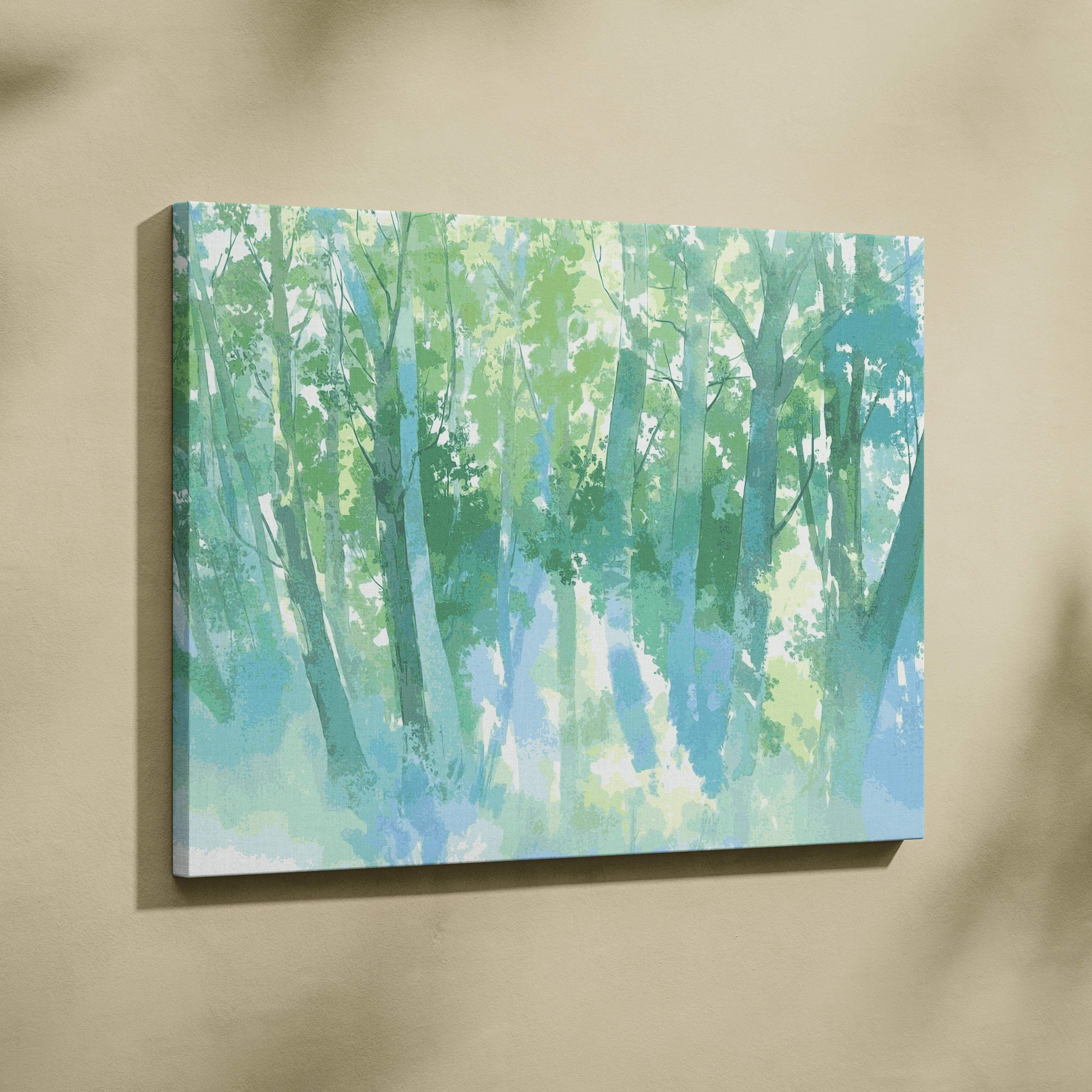 Dreamy watercolor forest landscape canvas art in greens and blues on beige wall