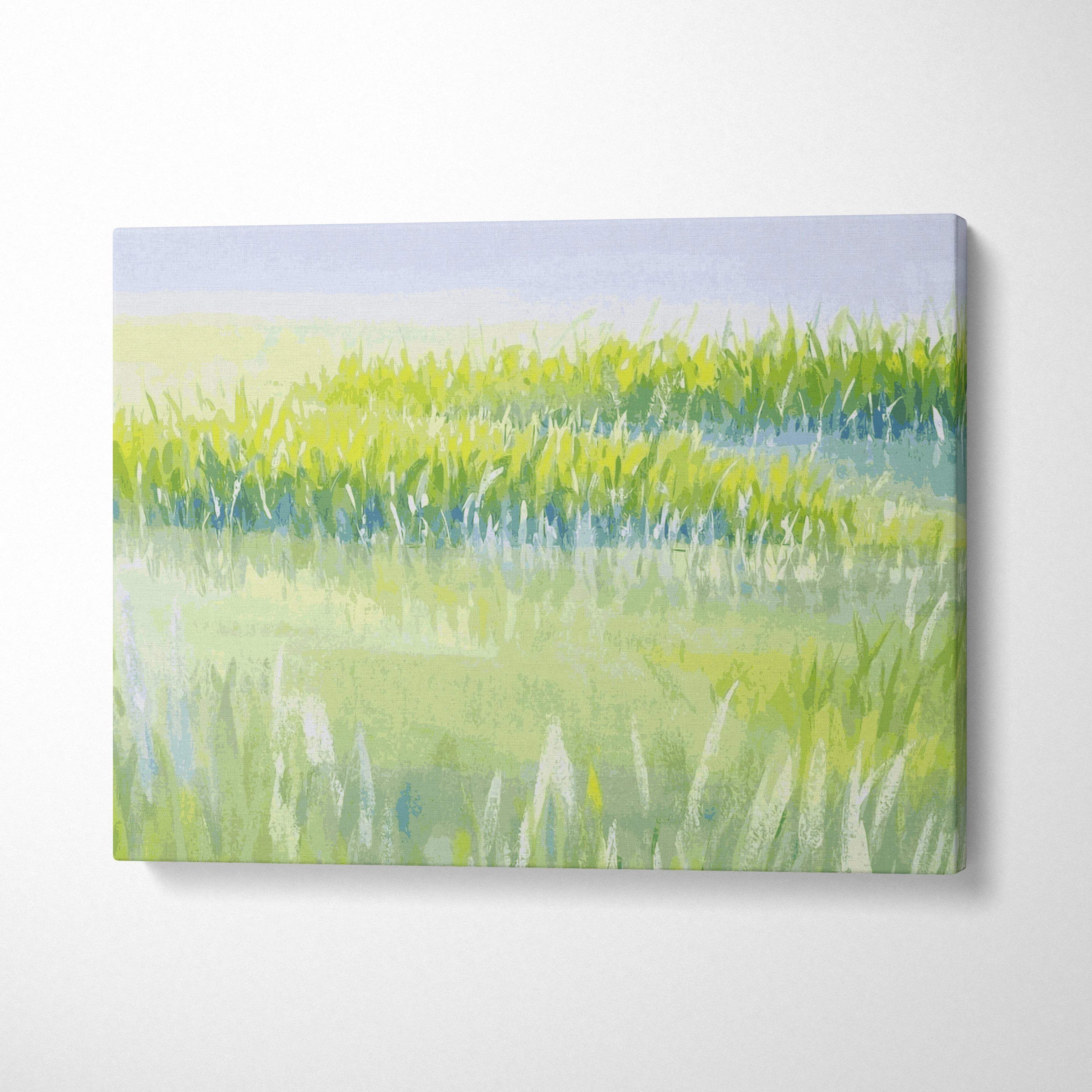 Sunlit meadow in yellow green and pastel blue watercolor canvas wall art