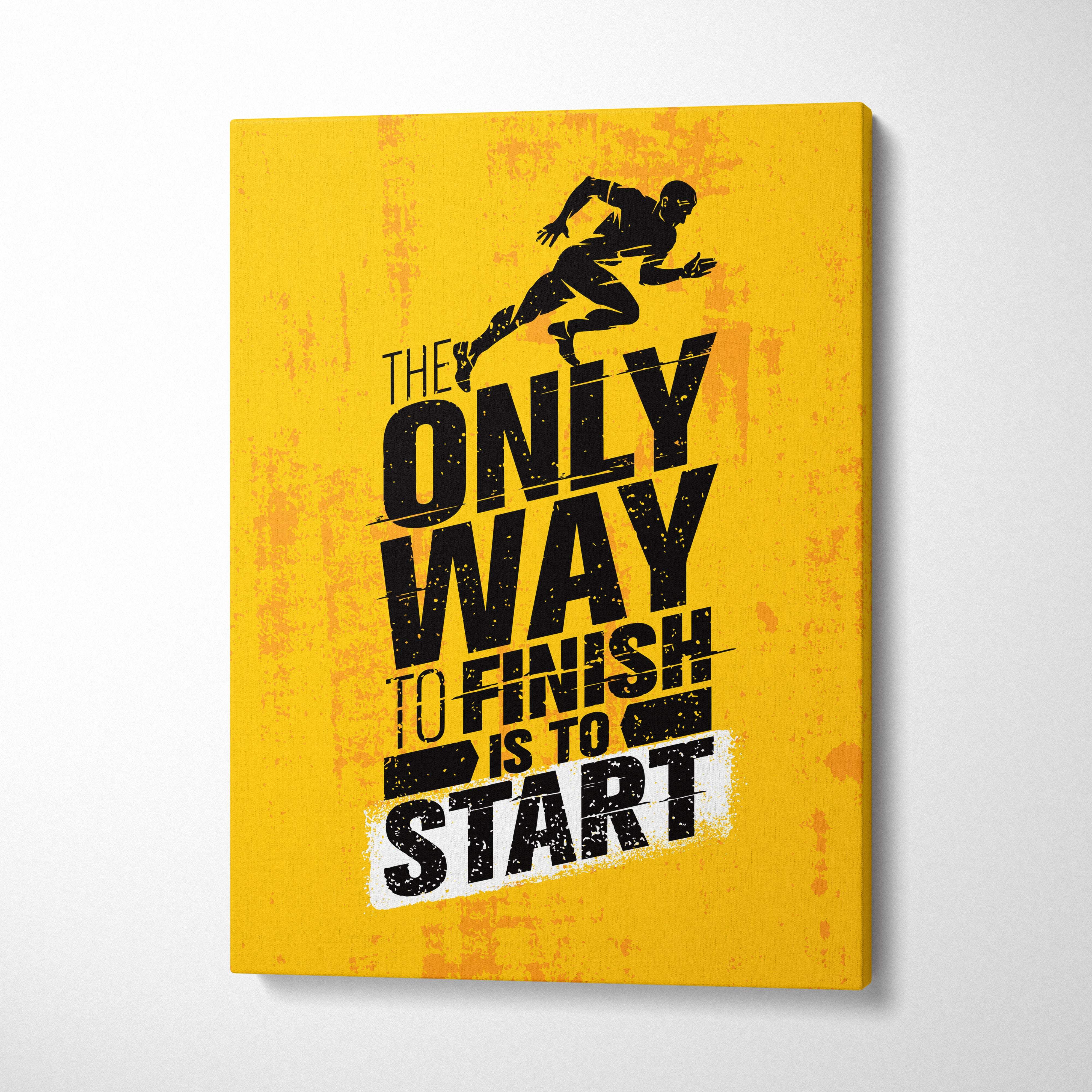 Vibrant yellow canvas print with bold black runner silhouette and motivational phrase for gym office or home decor