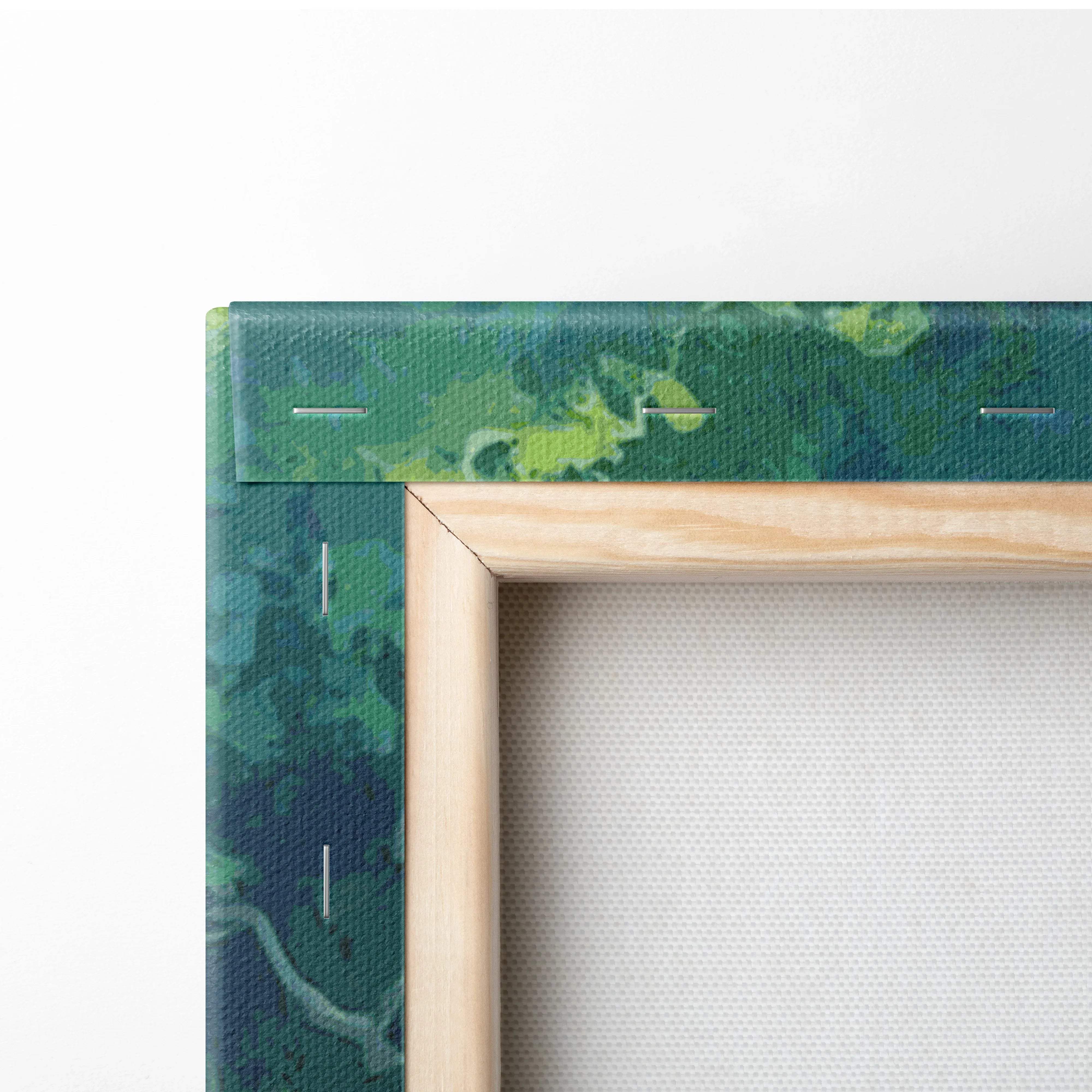 Textured green blue abstract watercolor forest waterfall canvas in light wood frame