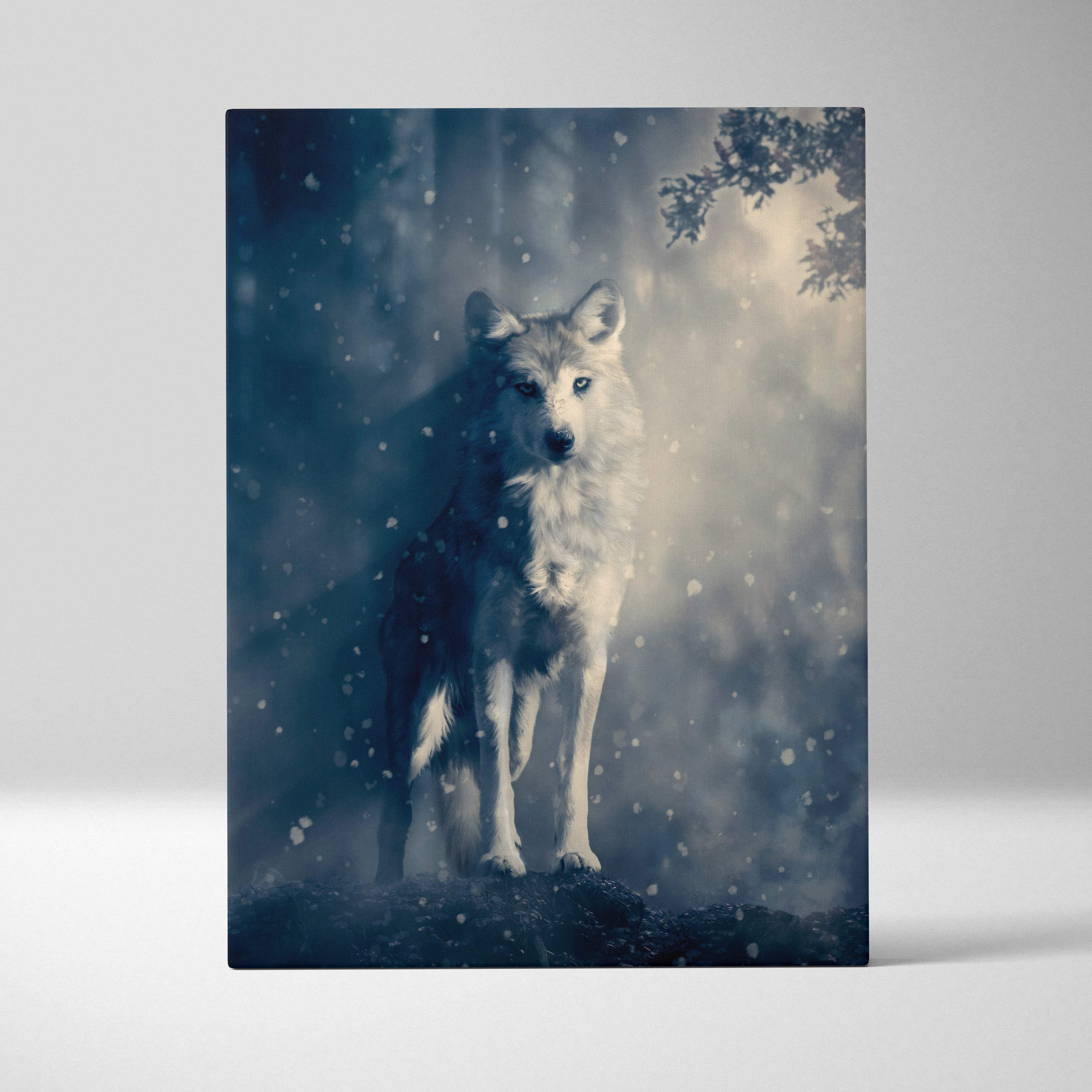 A framed canvas print of a majestic white wolf in a snowy blue gray misty forest for rustic gothic wall decor