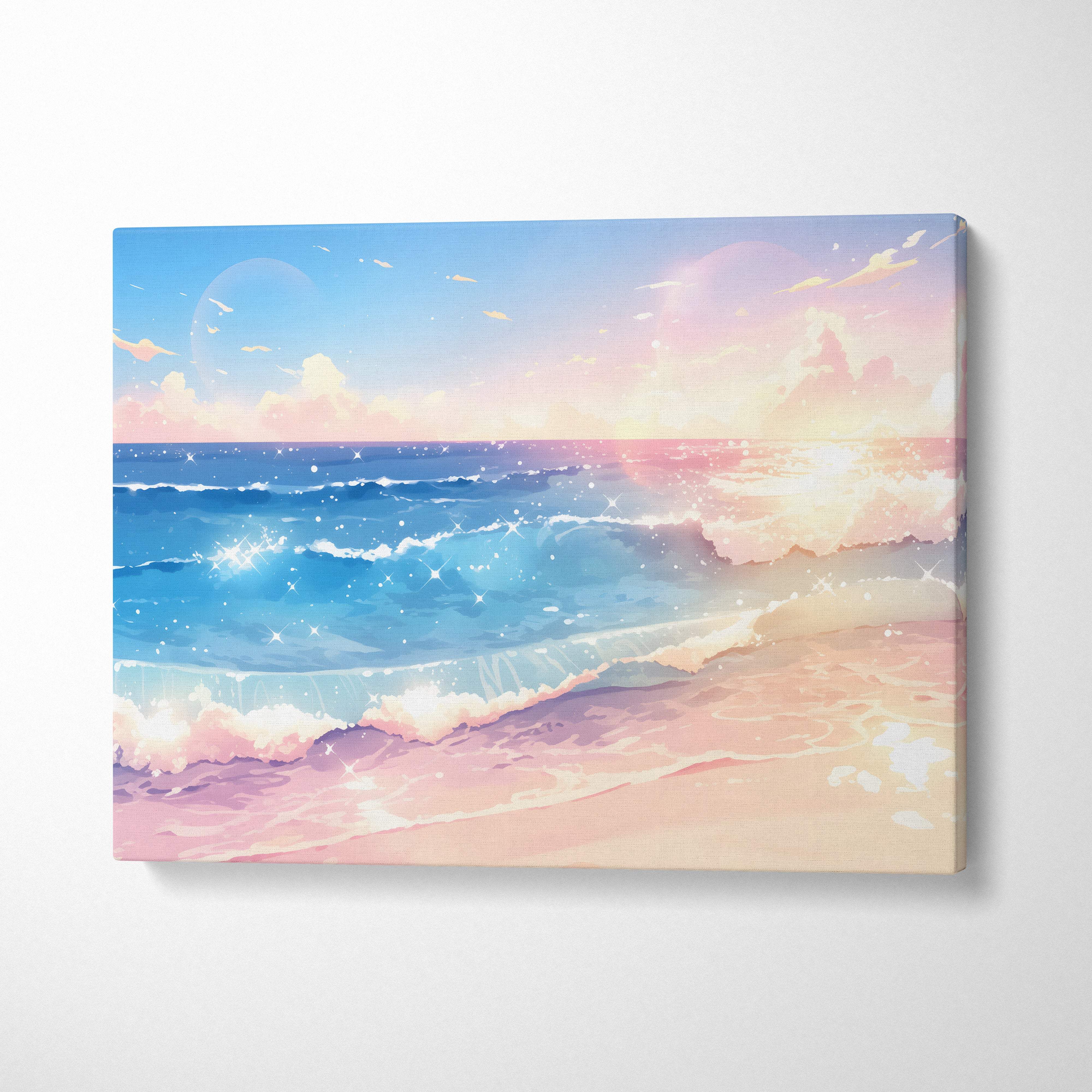 Pastel anime beach canvas wall art print featuring a serene blue and pink sunset with waves and sandy shore for coastal decor