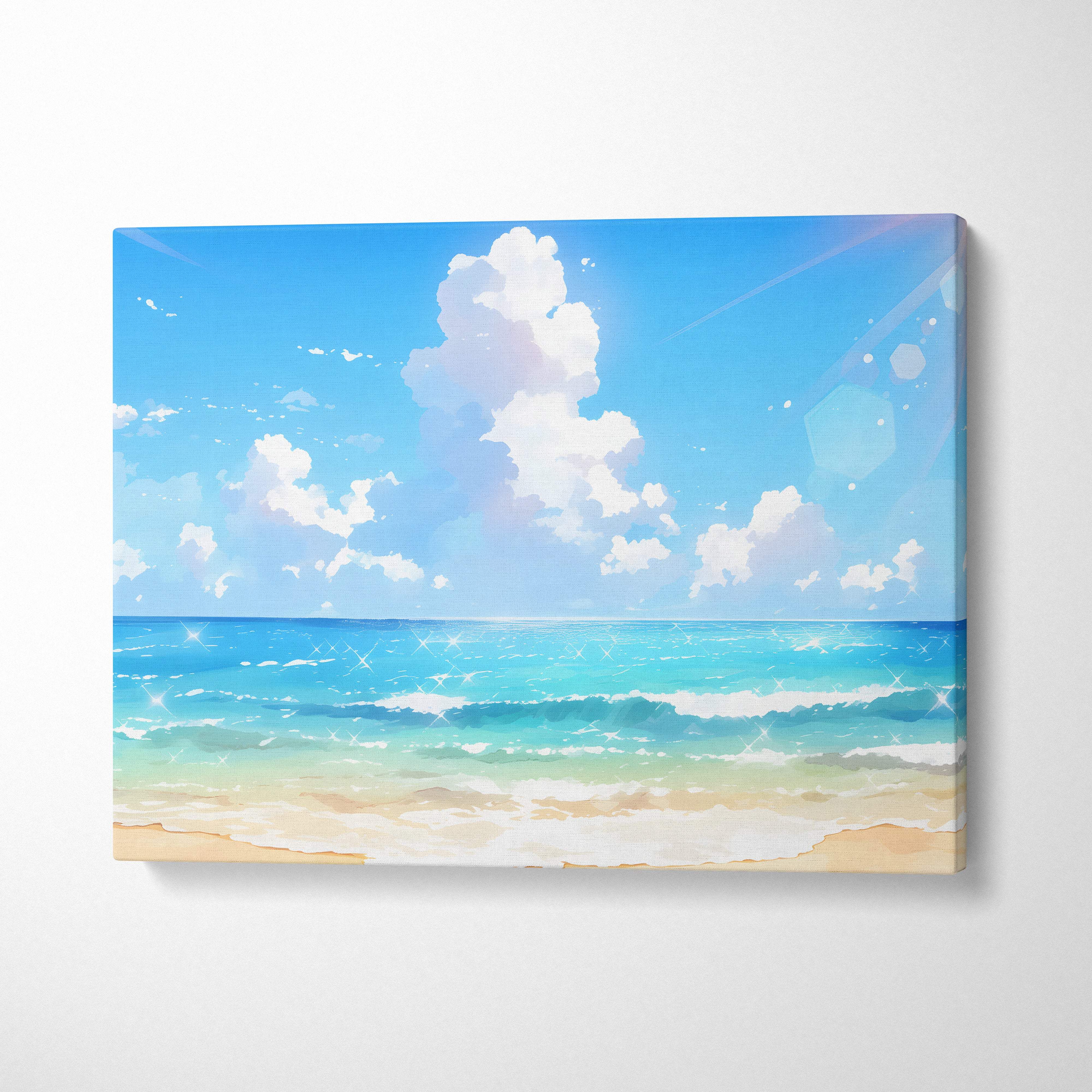 Sunny anime beach canvas wall art print featuring turquoise waves sandy shore and bright blue sky for coastal decor