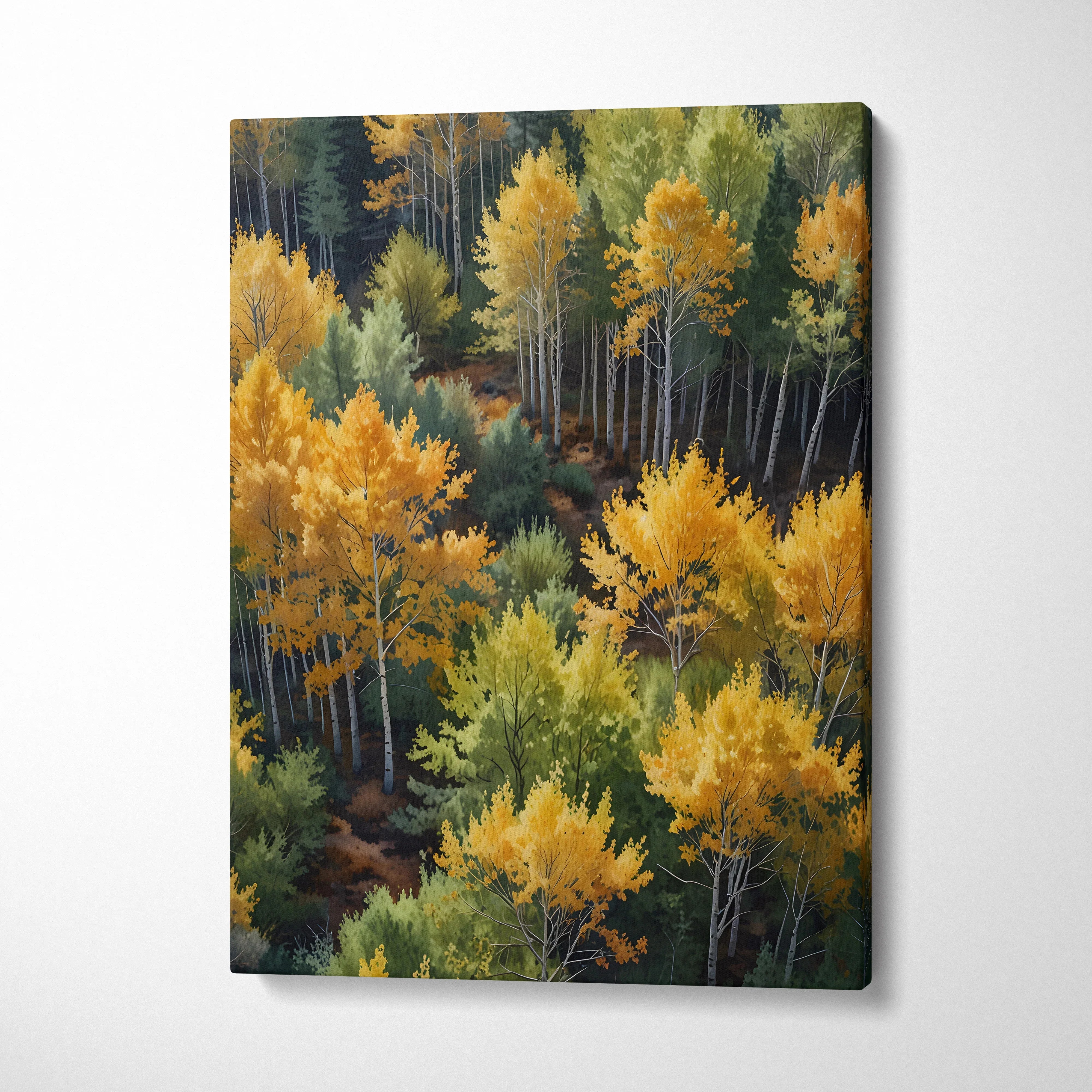 Autumn forest canvas wall art with vibrant yellow and green trees in watercolor style.