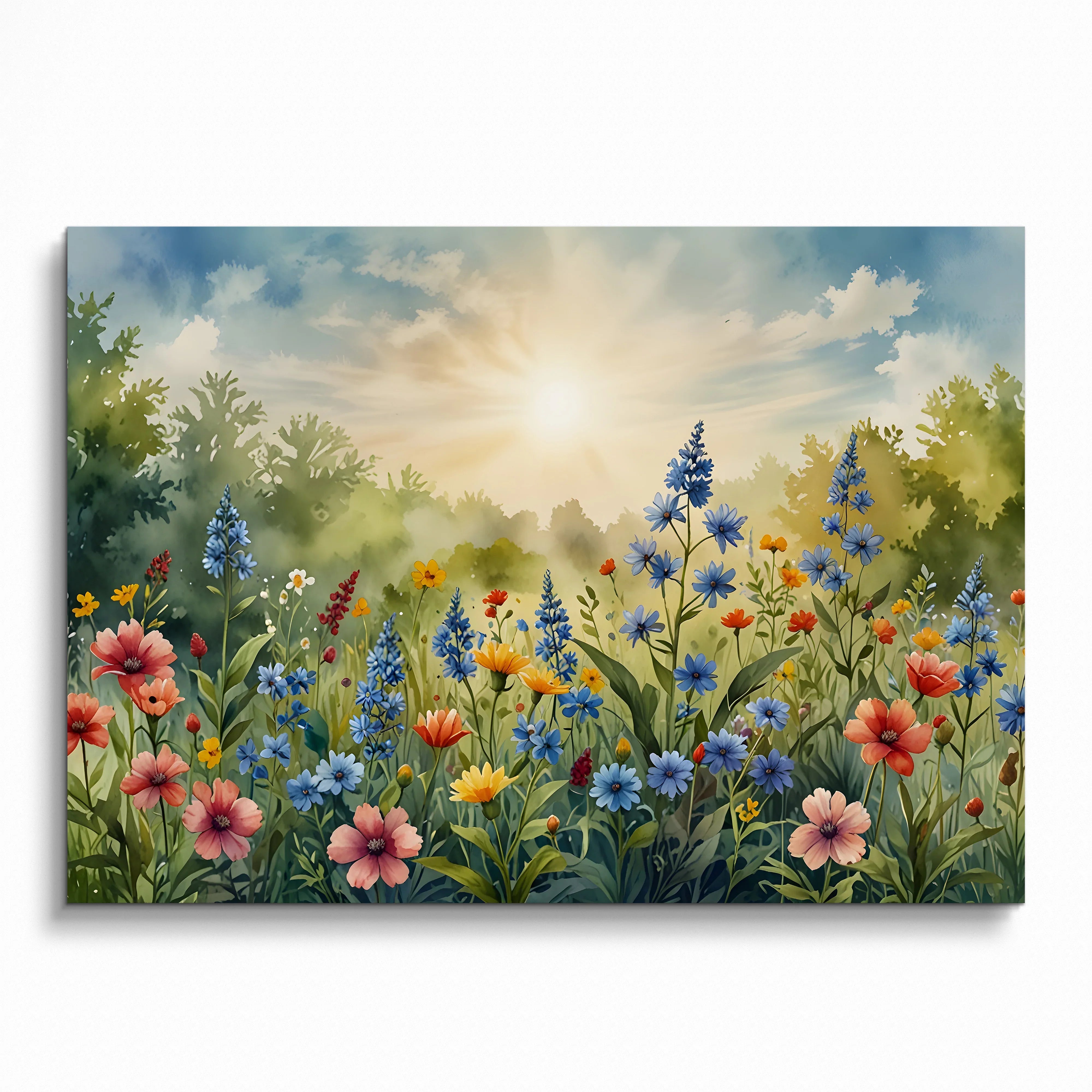 Vibrant floral watercolor poster with wildflowers and sunlit sky wall art print.