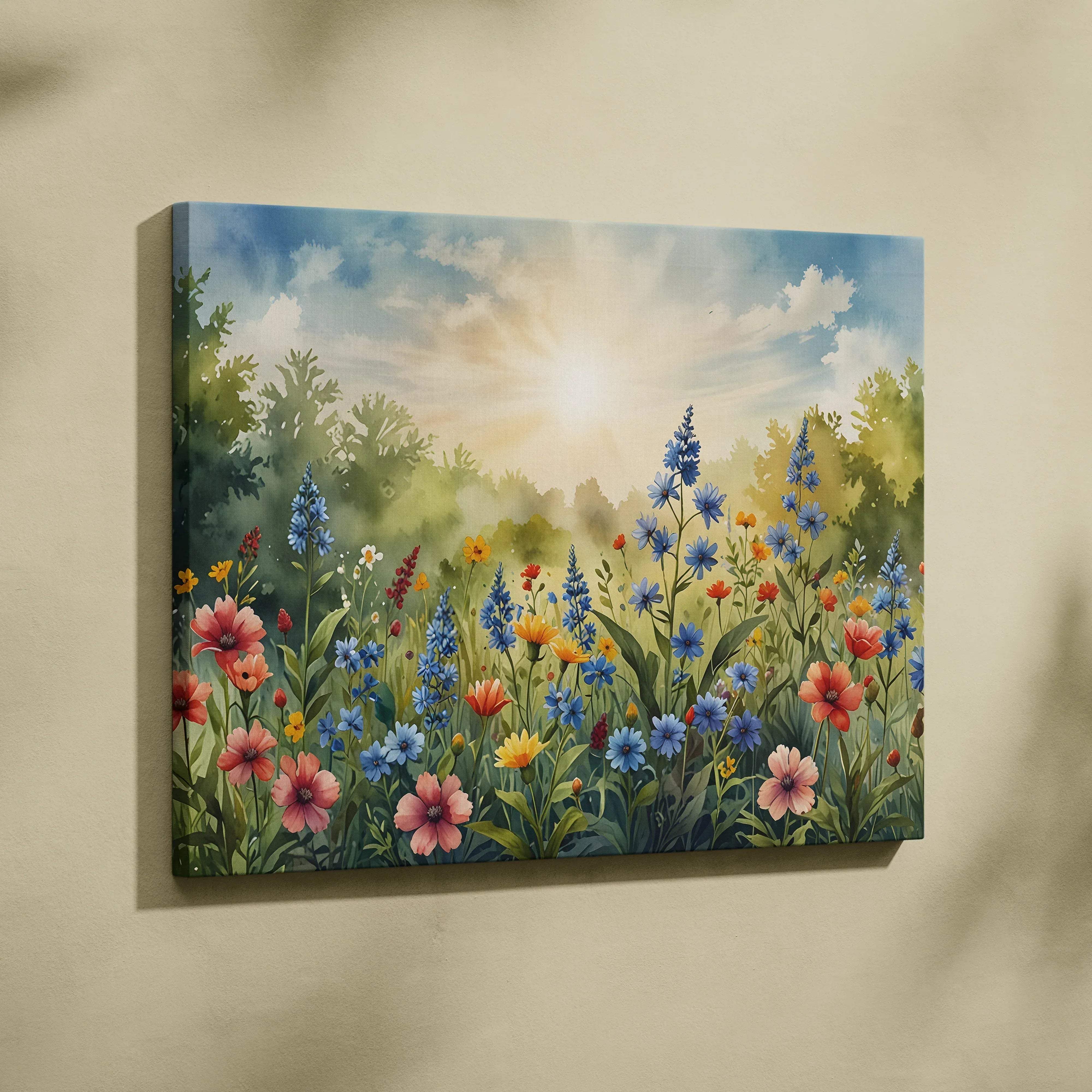 Vibrant watercolor floral garden canvas wall art featuring a sunlit meadow with blue pink and yellow wildflowers