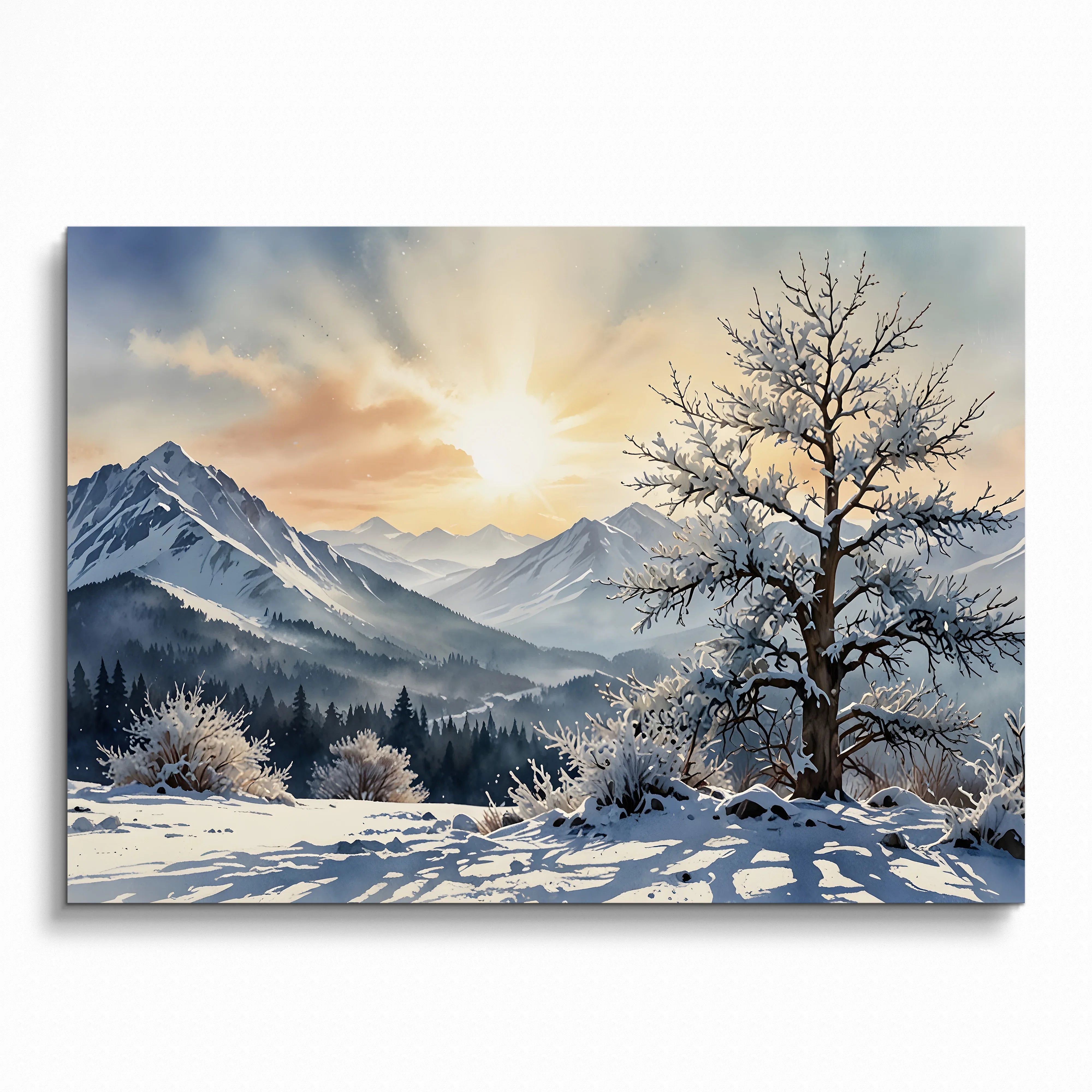 Watercolor poster of a snowy mountain landscape at sunset with soft orange and blue hues, winter tree in foreground wall art.