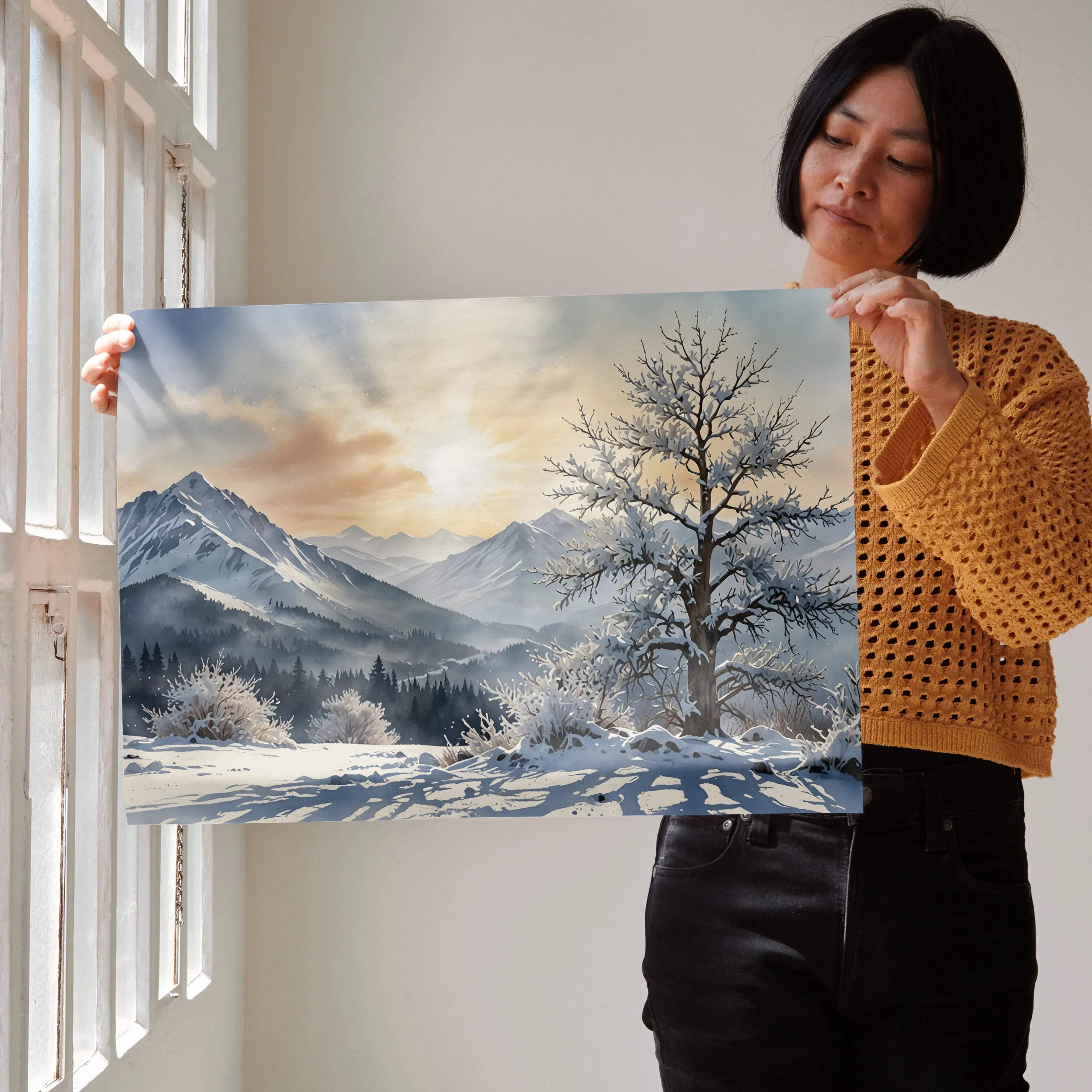 Watercolor styled sunset over snowy landscape poster showing snow-covered mountains and frost-laced tree branches