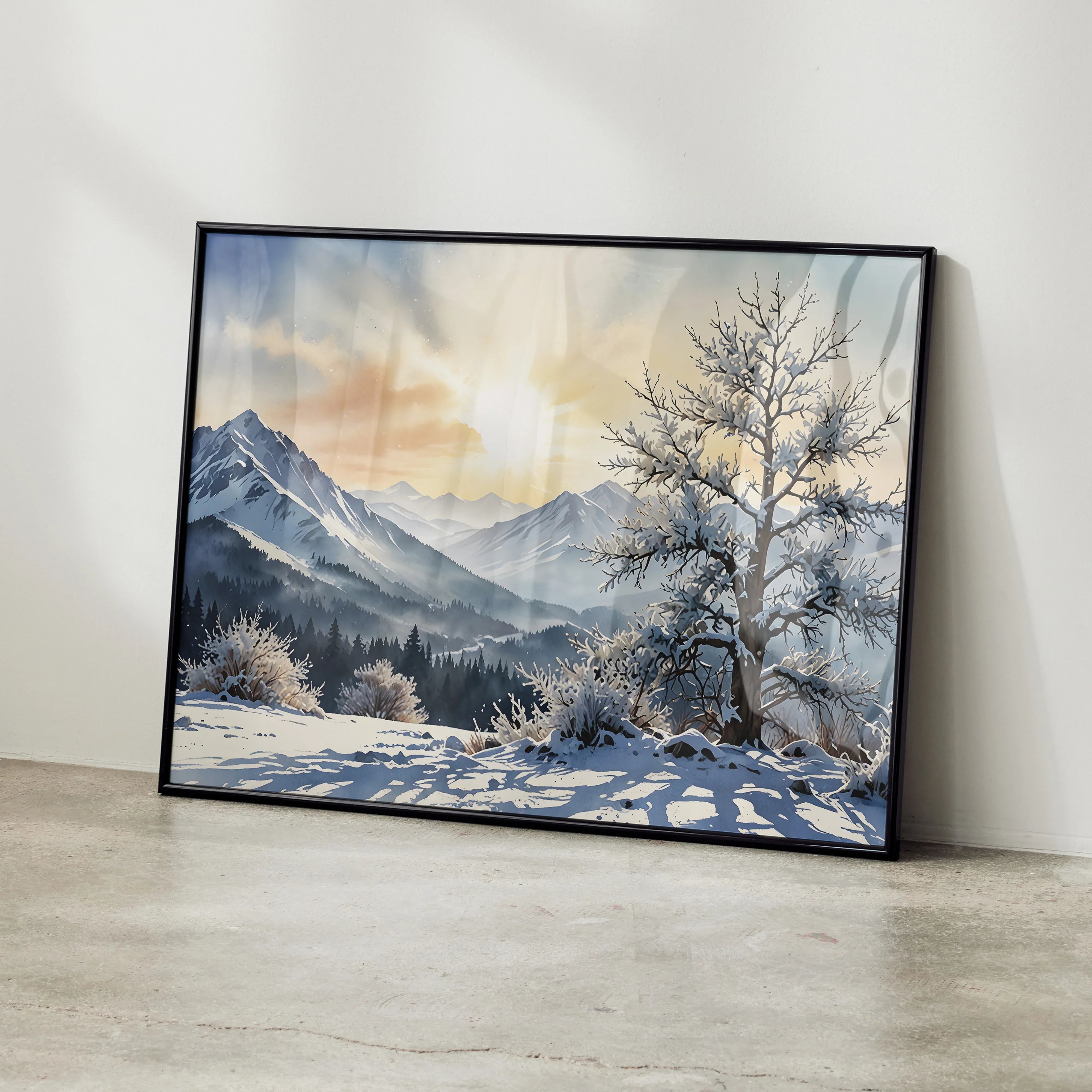 Watercolor poster of snowy mountains at sunset with bare tree foreground wall art.