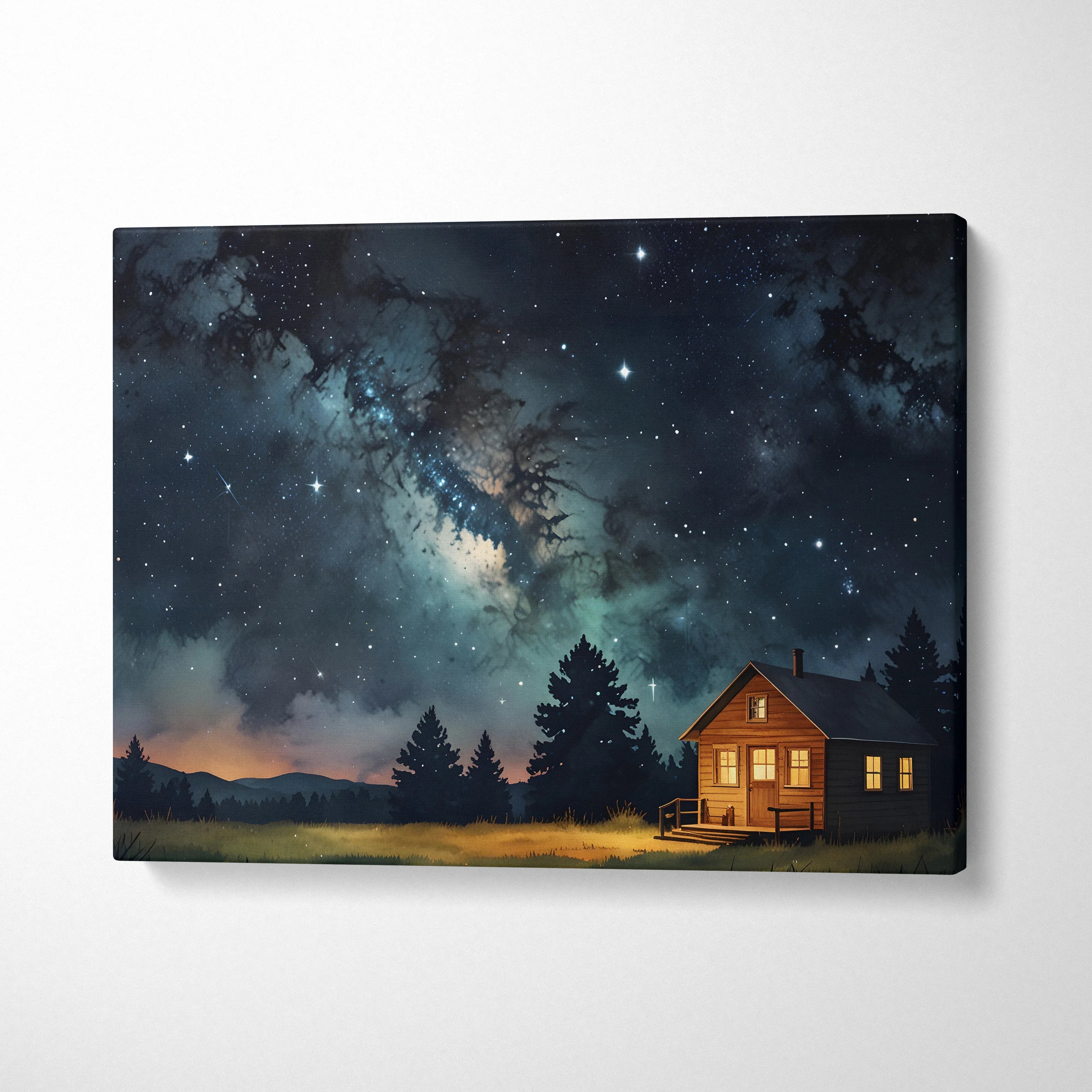Night sky canvas wall art featuring twinkling stars over a lit cabin and forest silhouette.