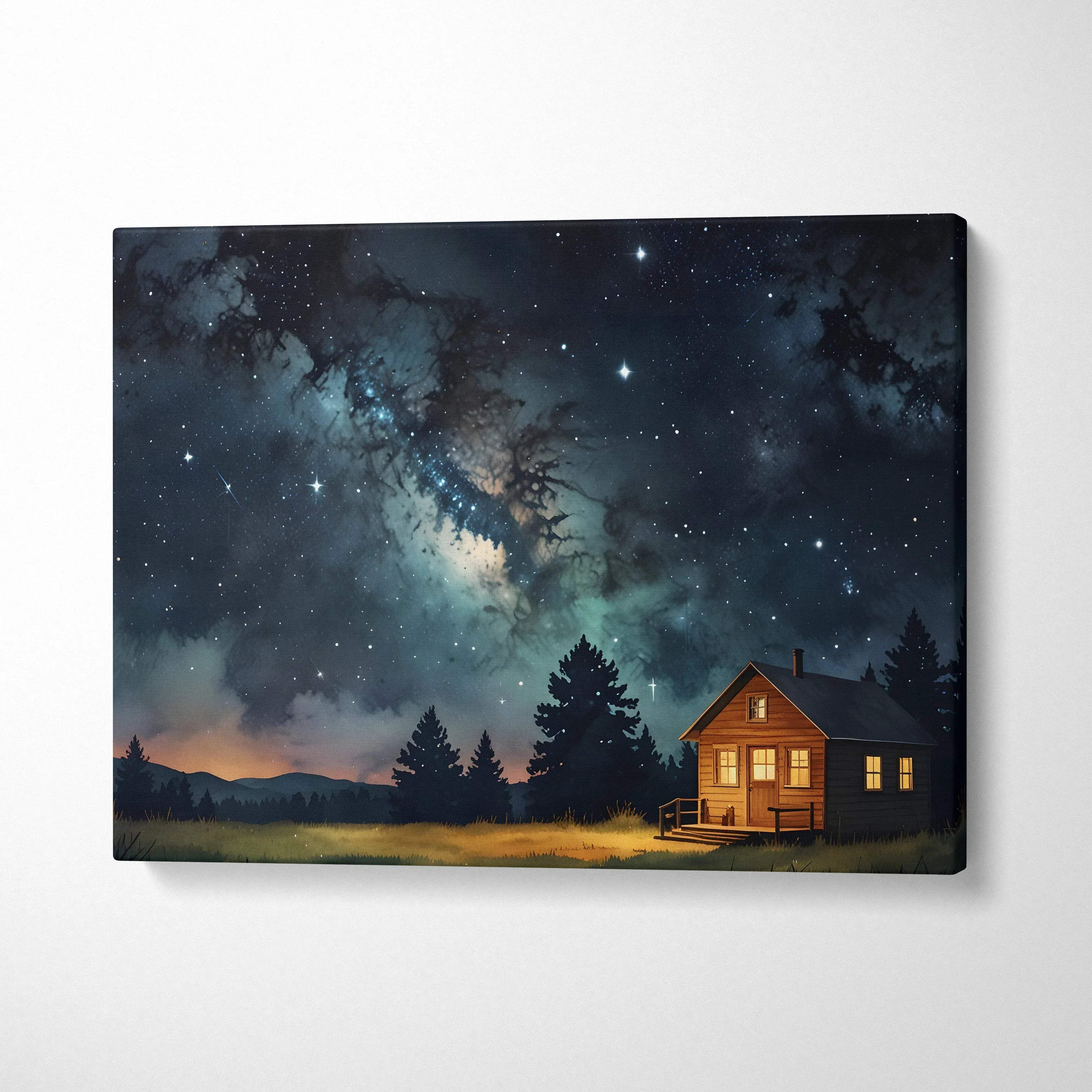 Night sky canvas wall art featuring twinkling stars over a lit cabin and forest silhouette.