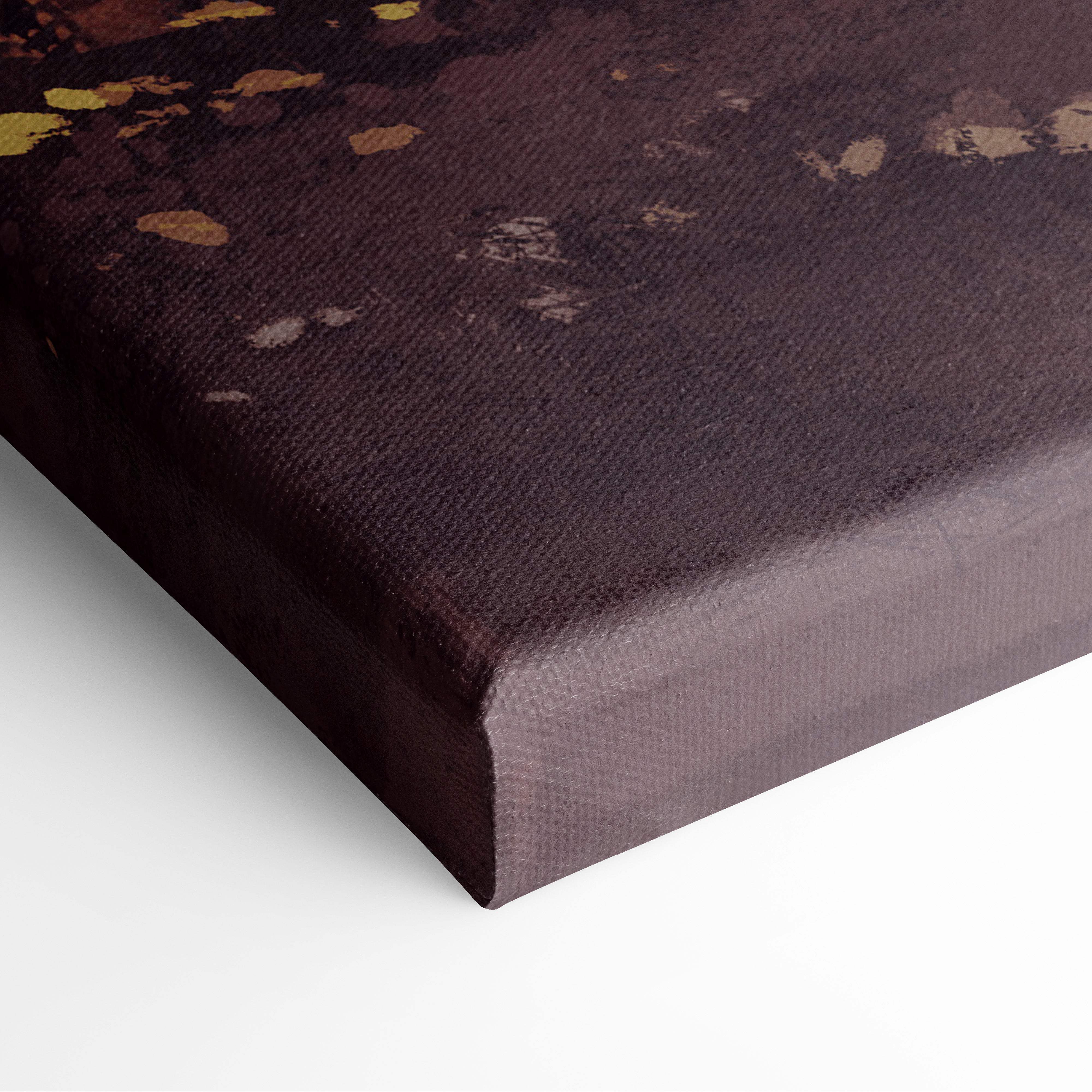 Dark brown canvas print with textured surface and gold leaf accents featuring surreal giant moon landscape art