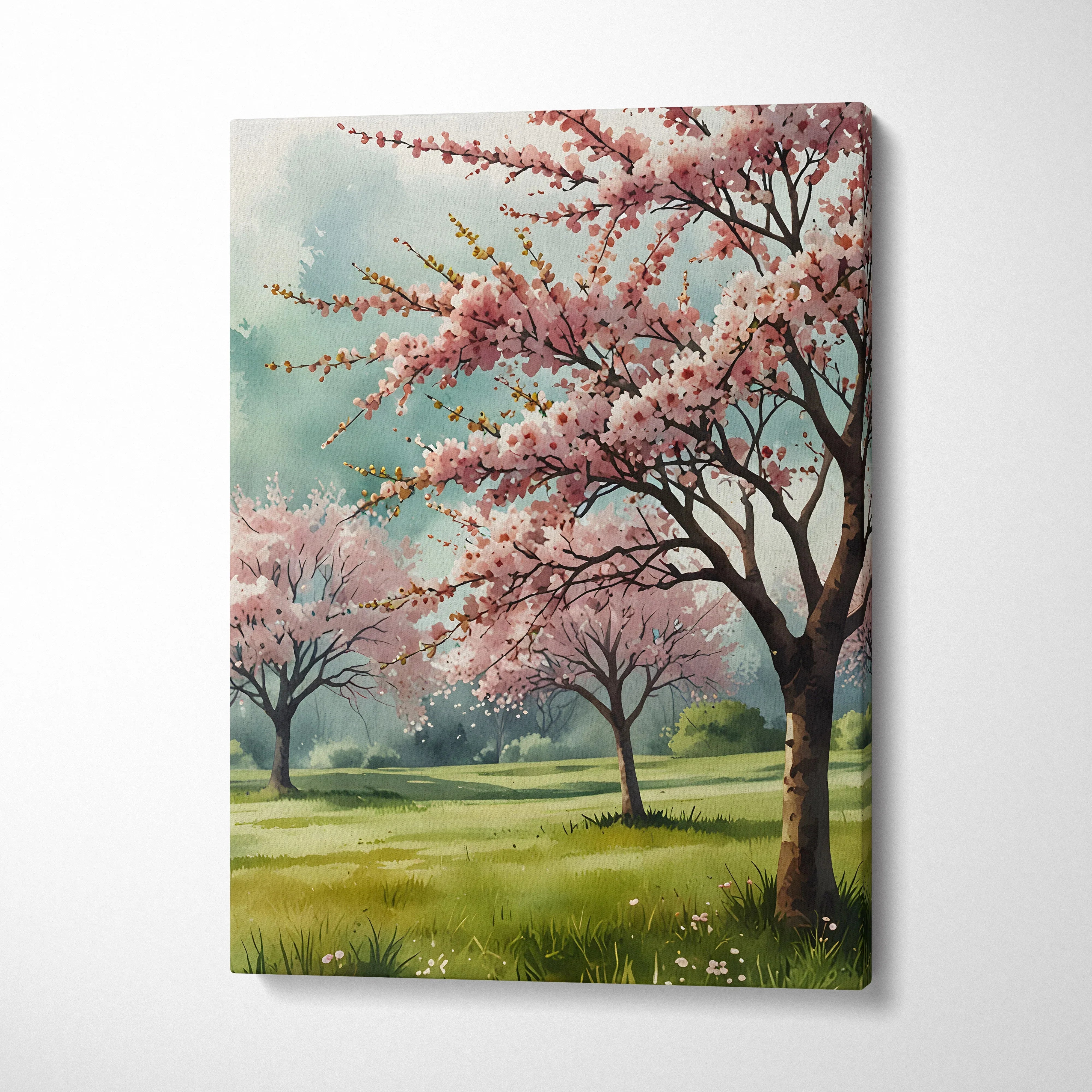 Vertical canvas wall art featuring delicate pink cherry blossom trees in a green meadow under a soft blue sky.