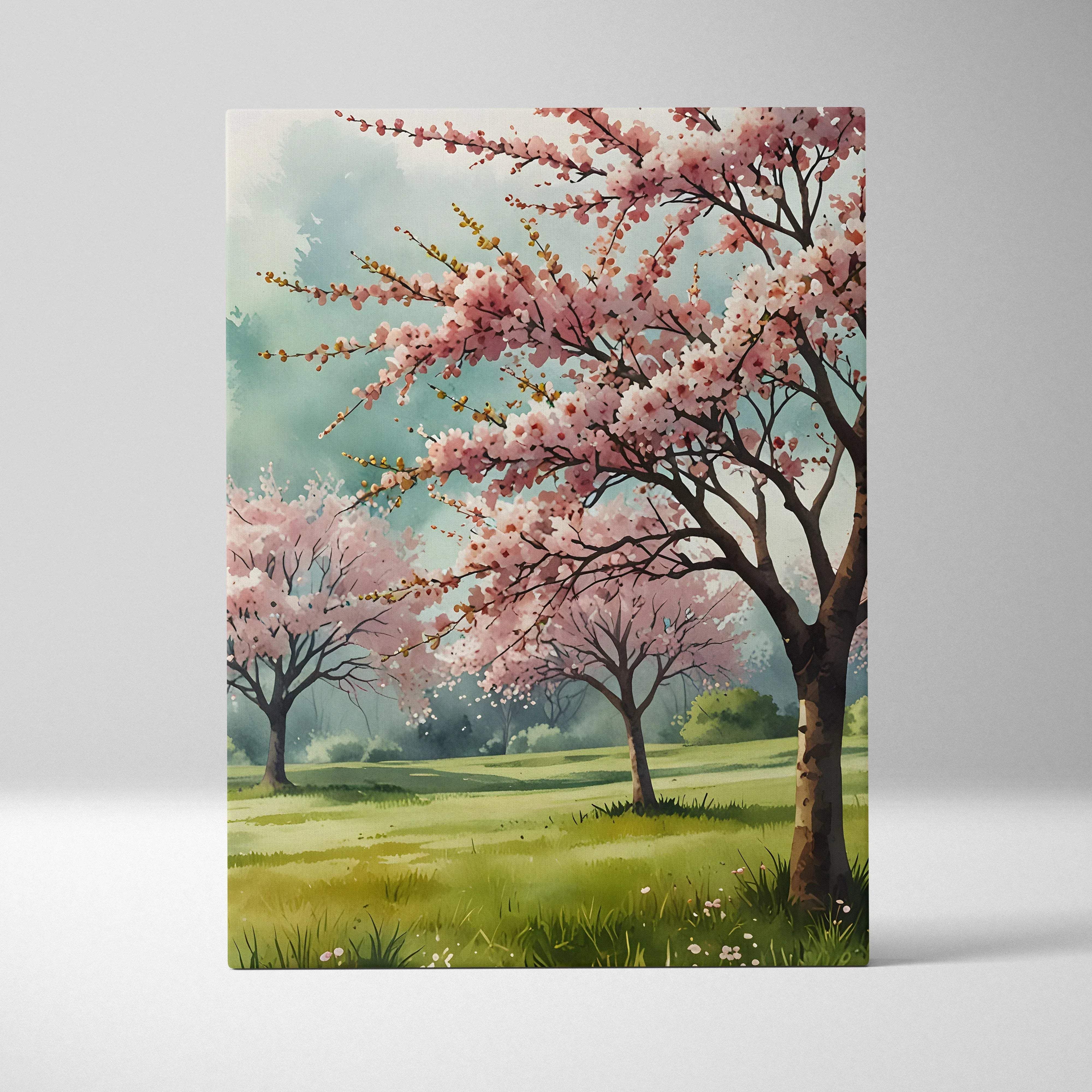 A rectangular watercolor cherry blossom canvas print with pink blooms over a green lawn in a pastel mood