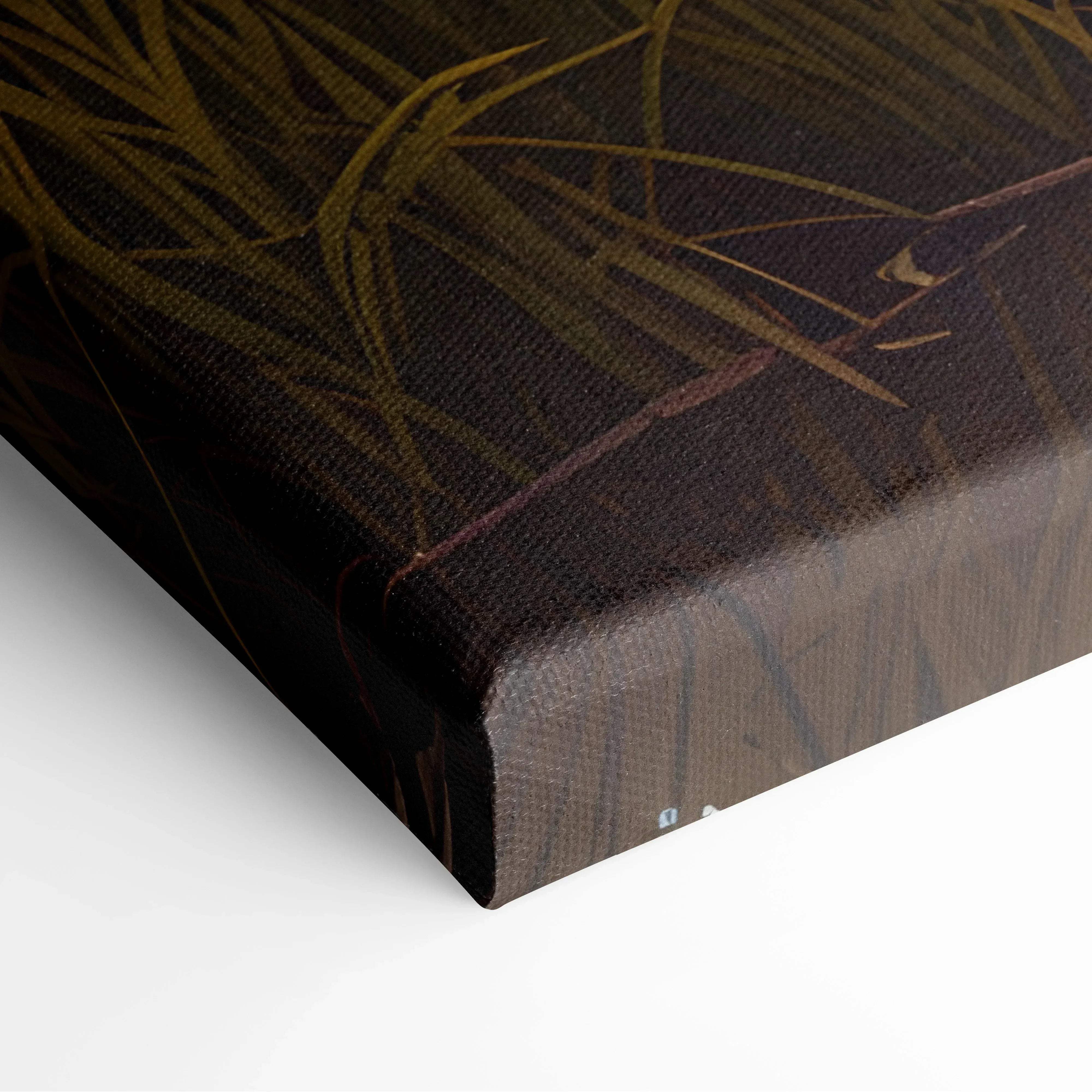 Serene sunset river marsh canvas wall art featuring textured dark brown surface with golden yellow abstract reeds