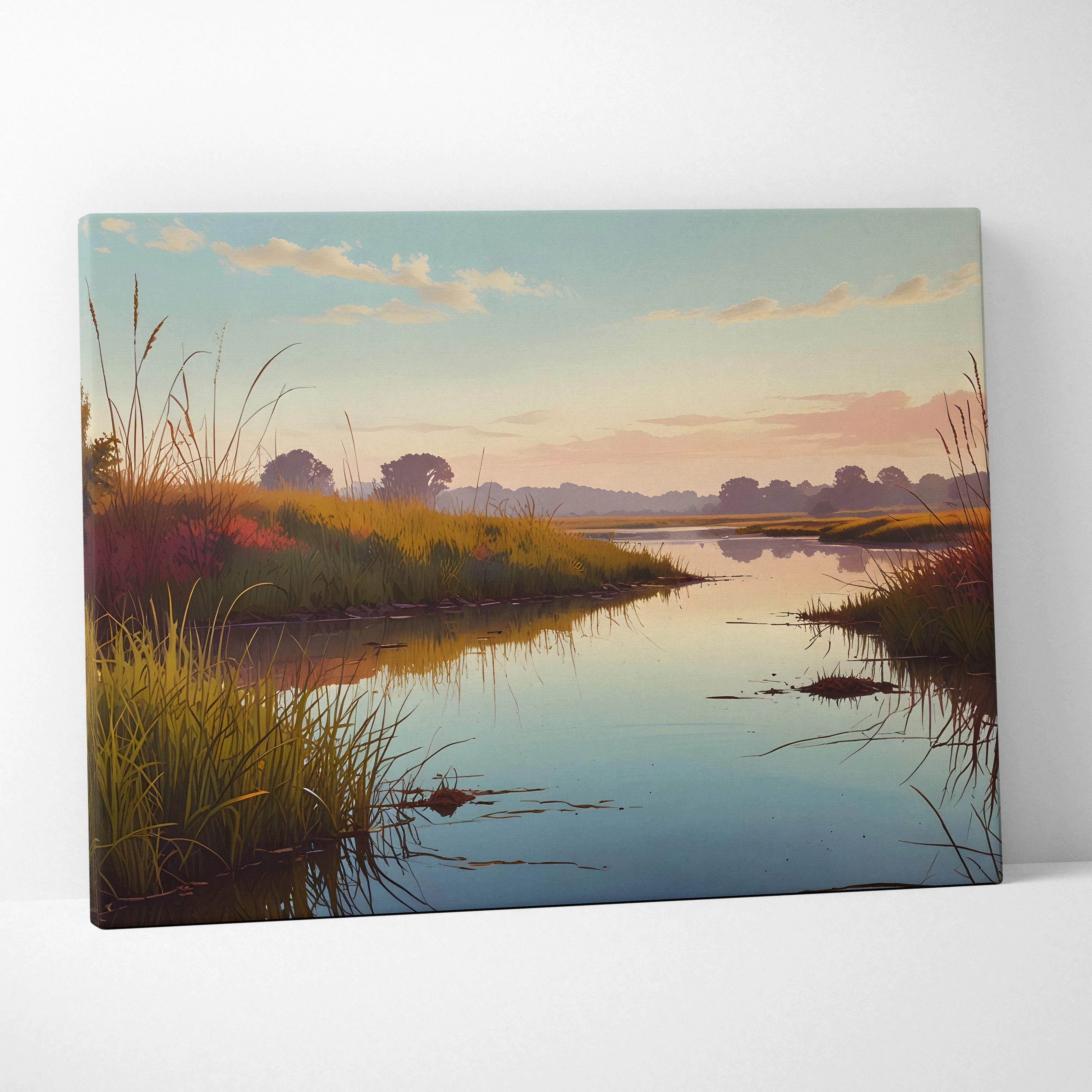 Serene sunset river marsh canvas wall art depicting a tranquil river at dawn with warm pastel hues and golden grasses