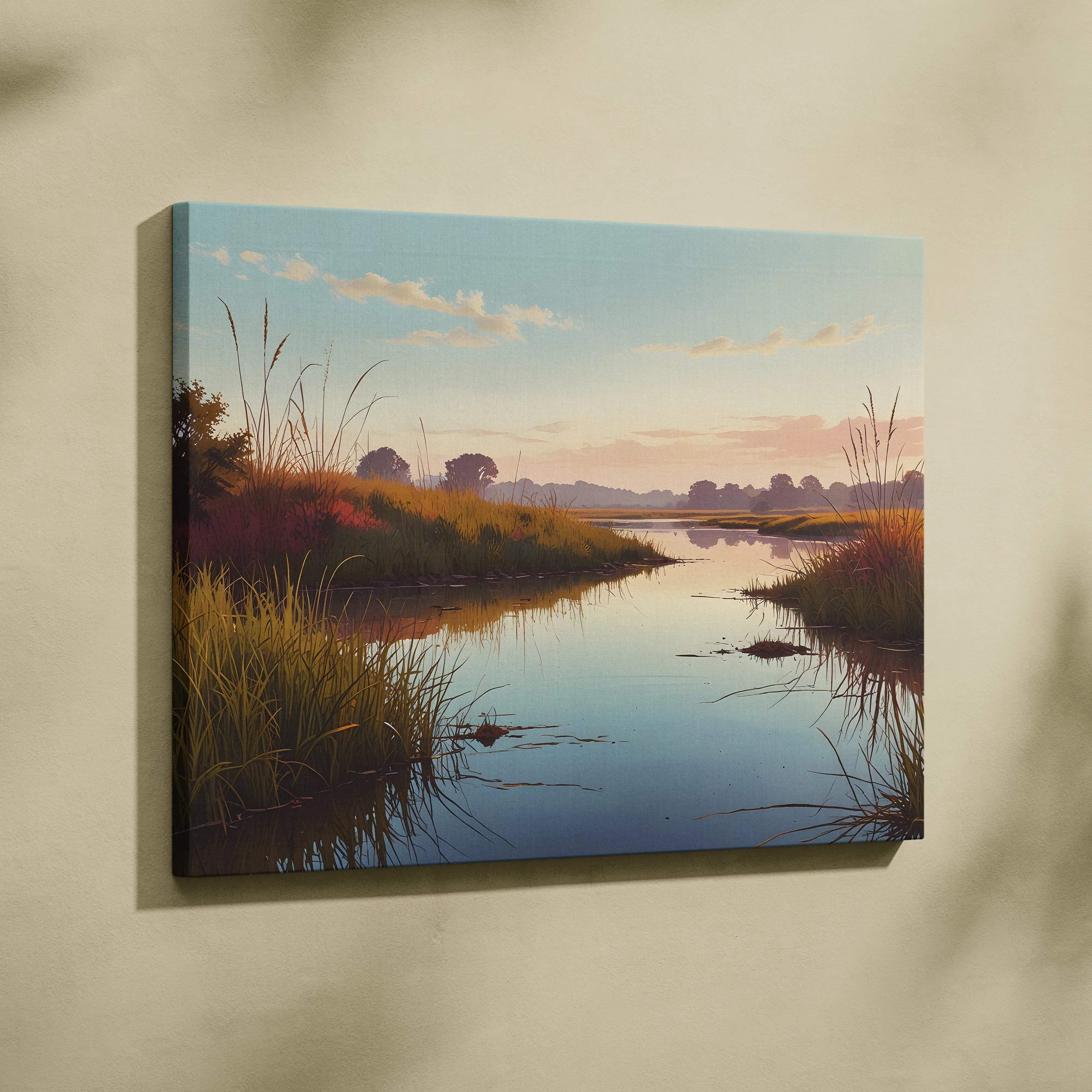 Serene sunset river marsh canvas wall art featuring warm pastel hues on stretched fabric for landscape decor
