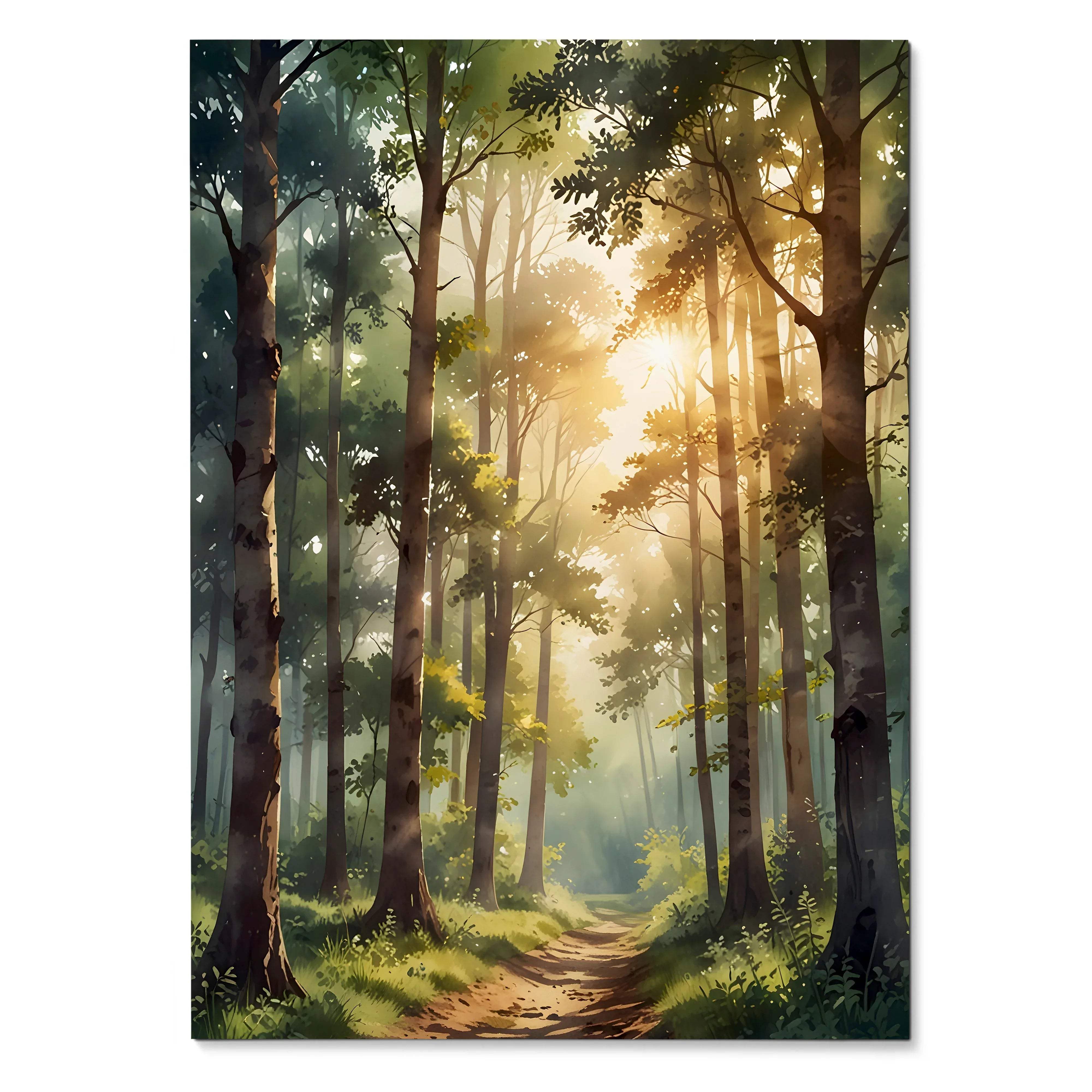 Vertical watercolor forest nature wall art poster with sunlight filtering through tall trees and a sunlit path.