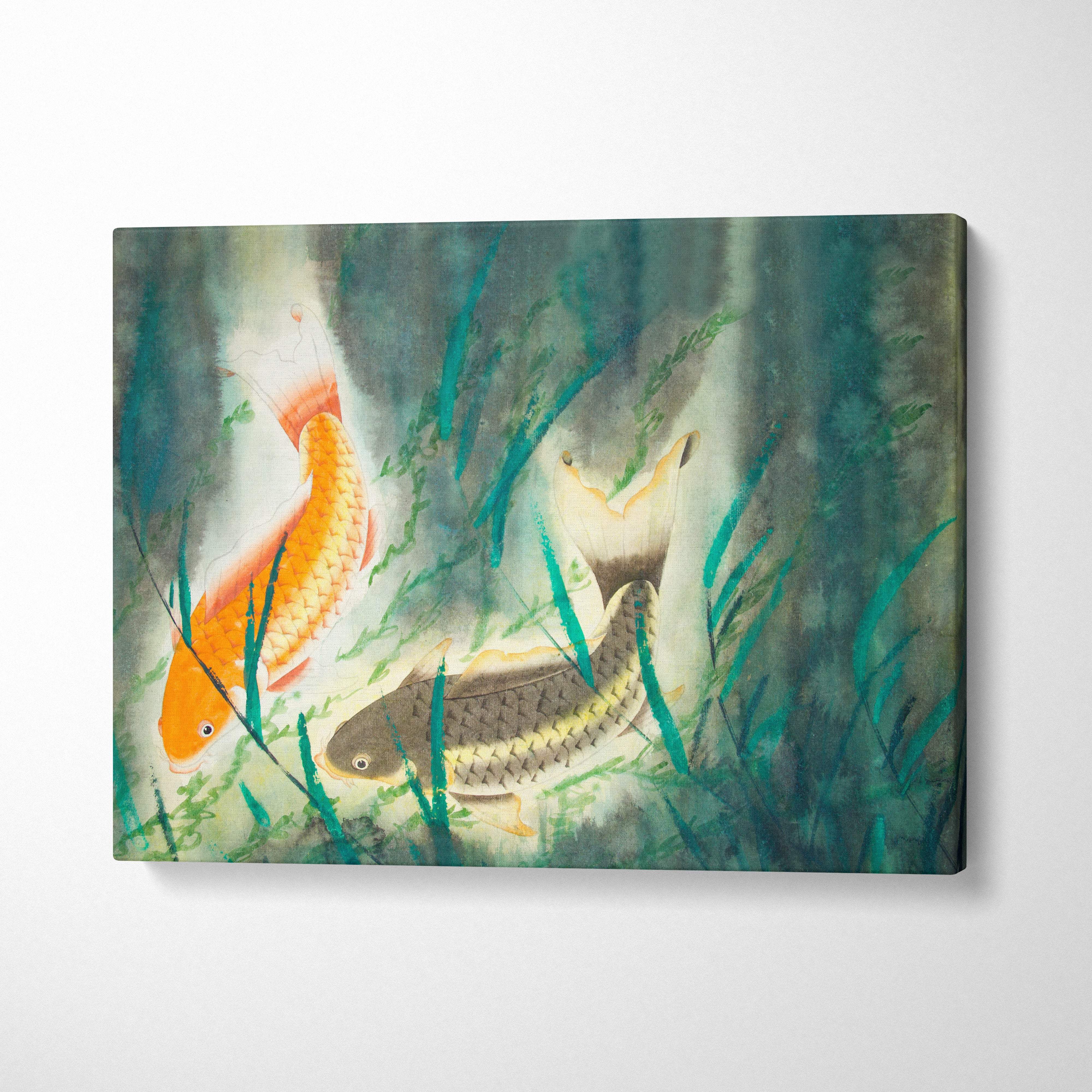 Rectangular canvas wall art featuring orange and gray koi fish with teal green aquatic plants in watercolor style