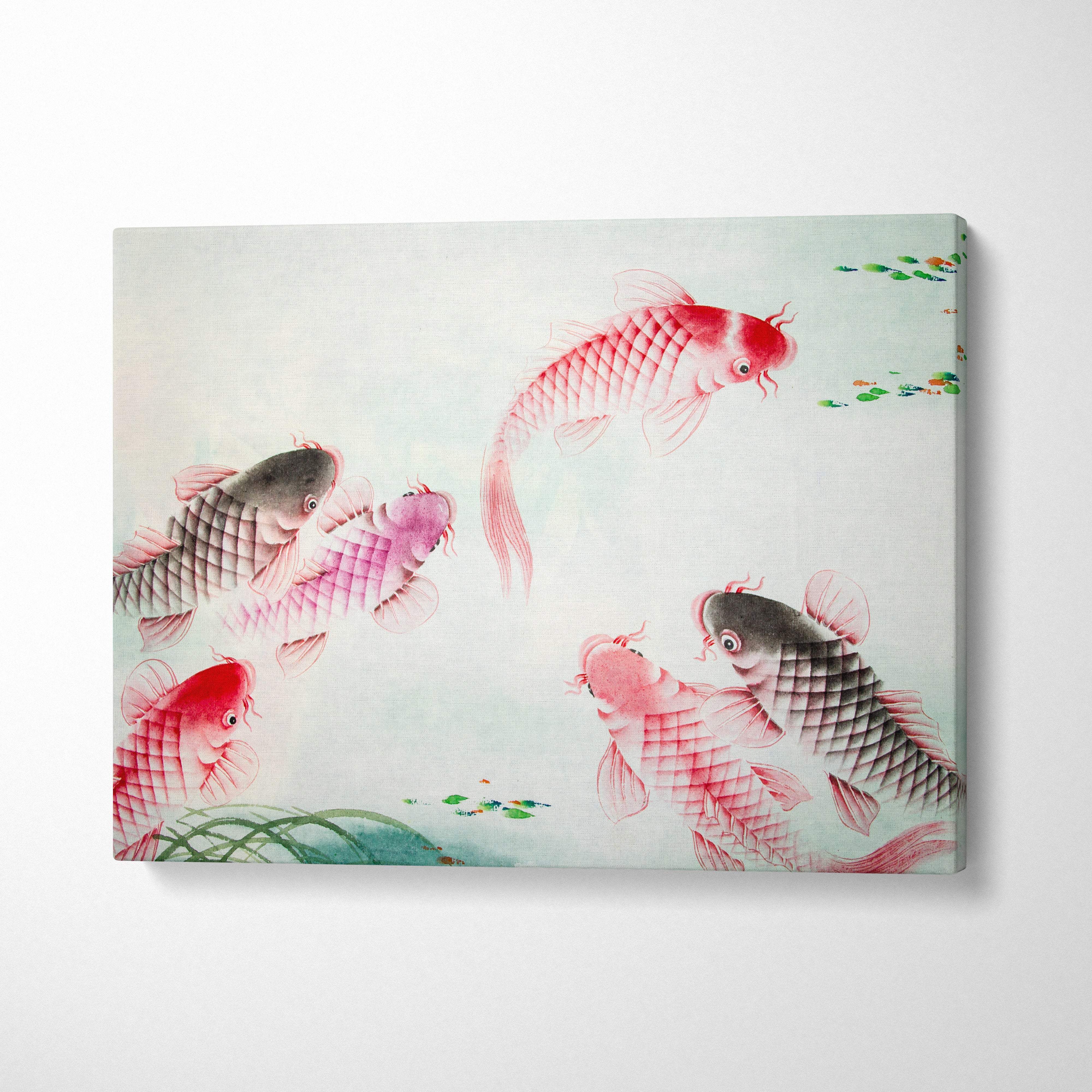 Pink koi fish canvas wall art featuring a traditional watercolor painting of koi fish in pink red and gray on green background