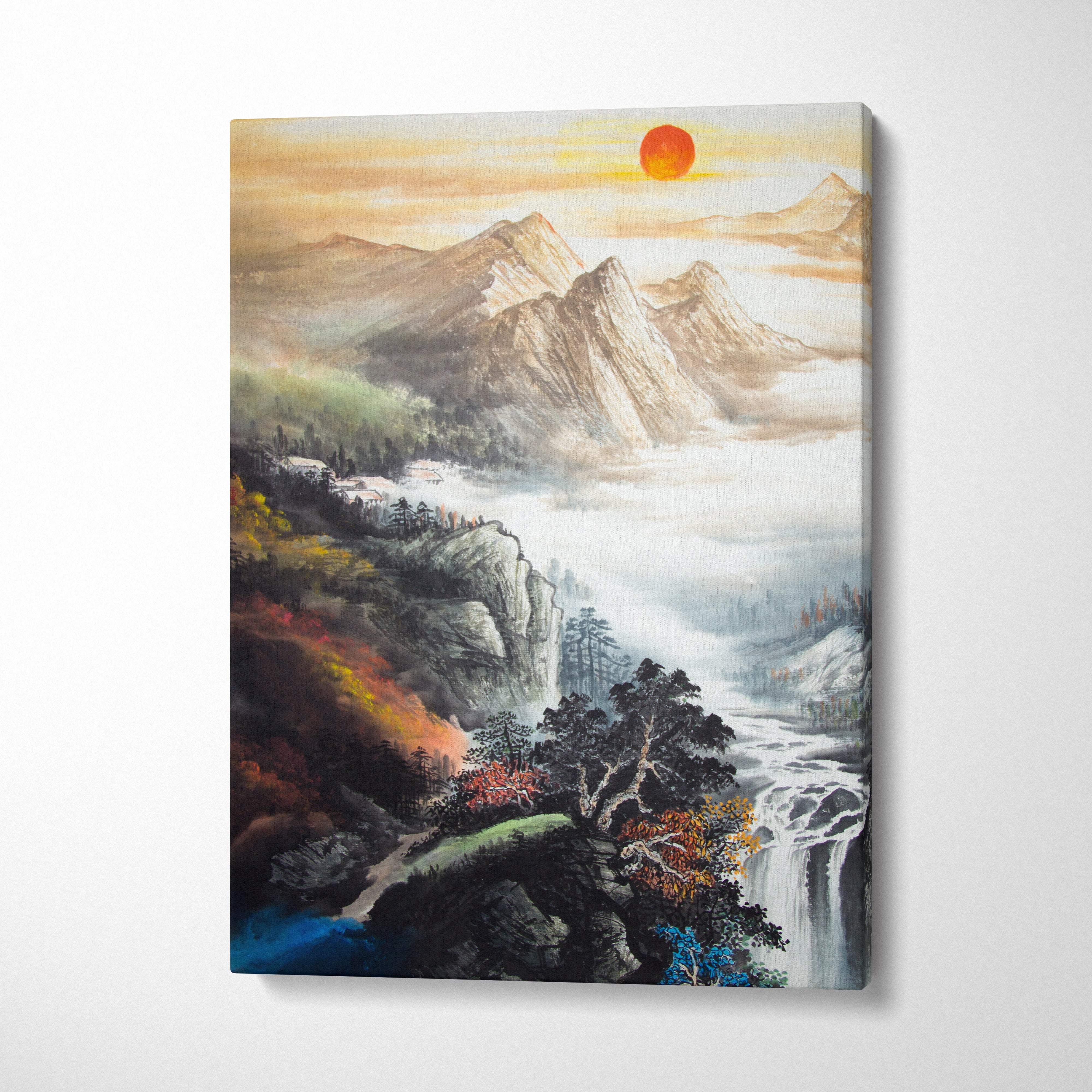 Asian mountain landscape canvas wall art with orange sunrise and misty autumn trees in serene zen ink painting style