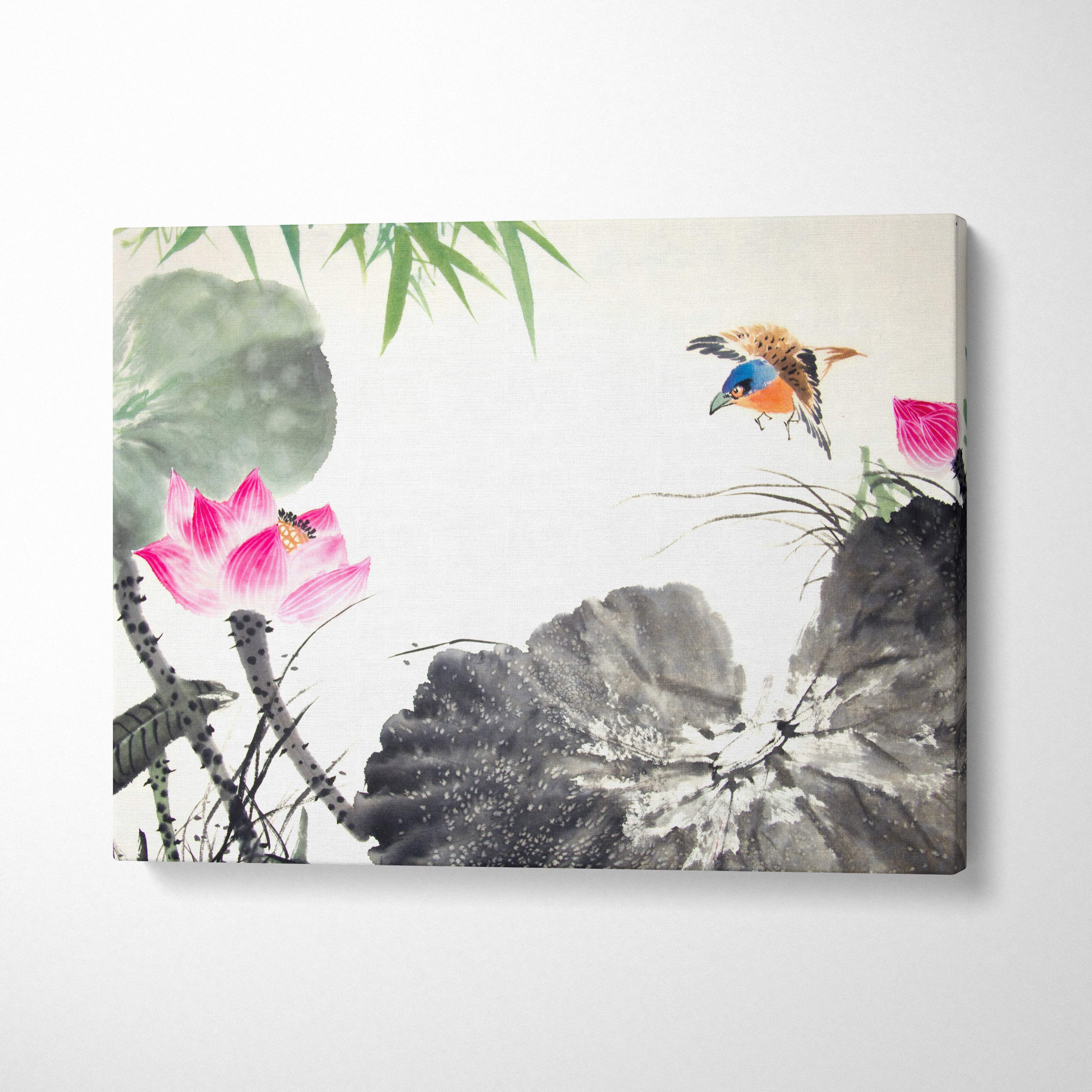 Pink lotus bird canvas wall art with vibrant pink lotus flower and colorful bird in green gray watercolor style