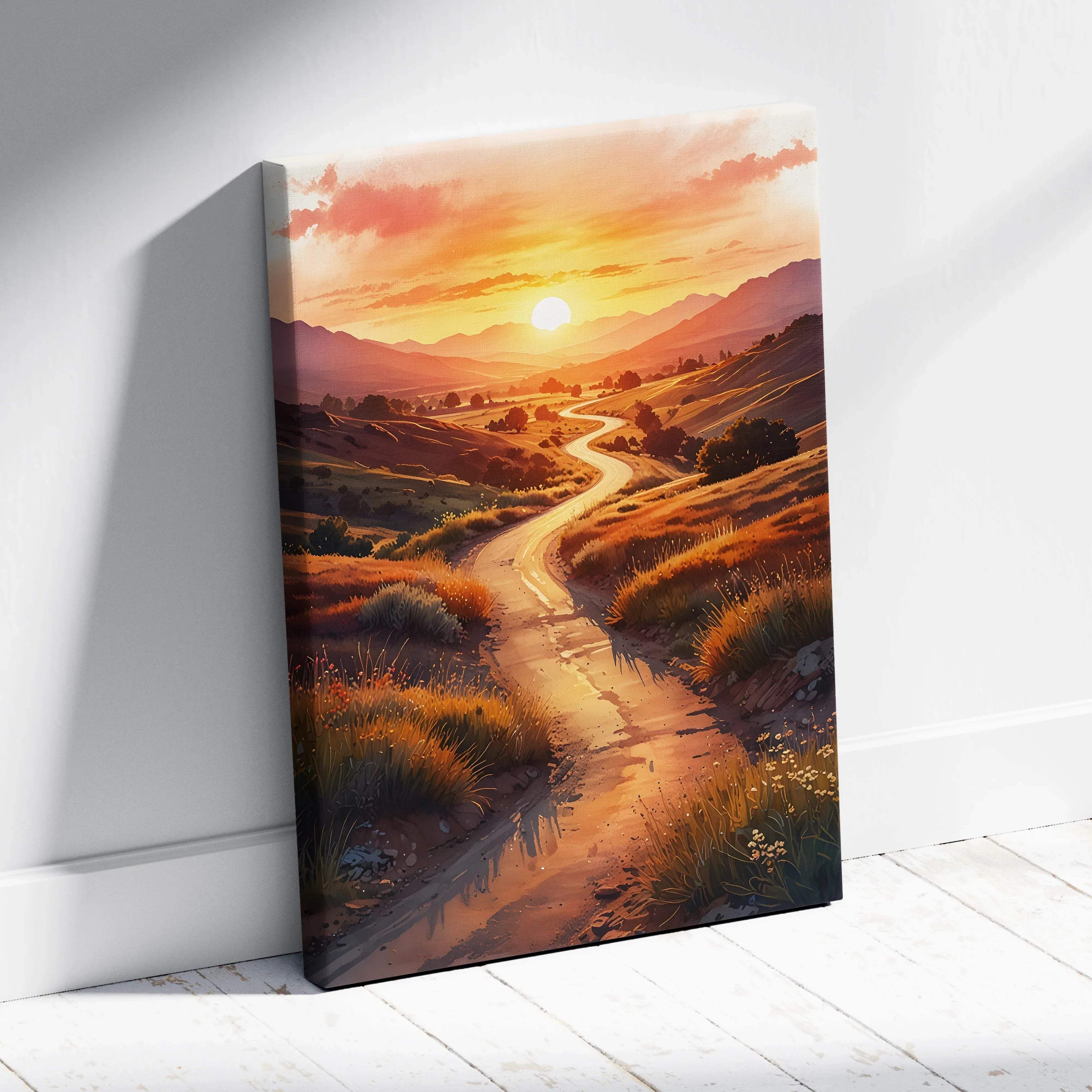 A canvas print of a golden hour sunset landscape with a winding desert path in warm orange and pink hues