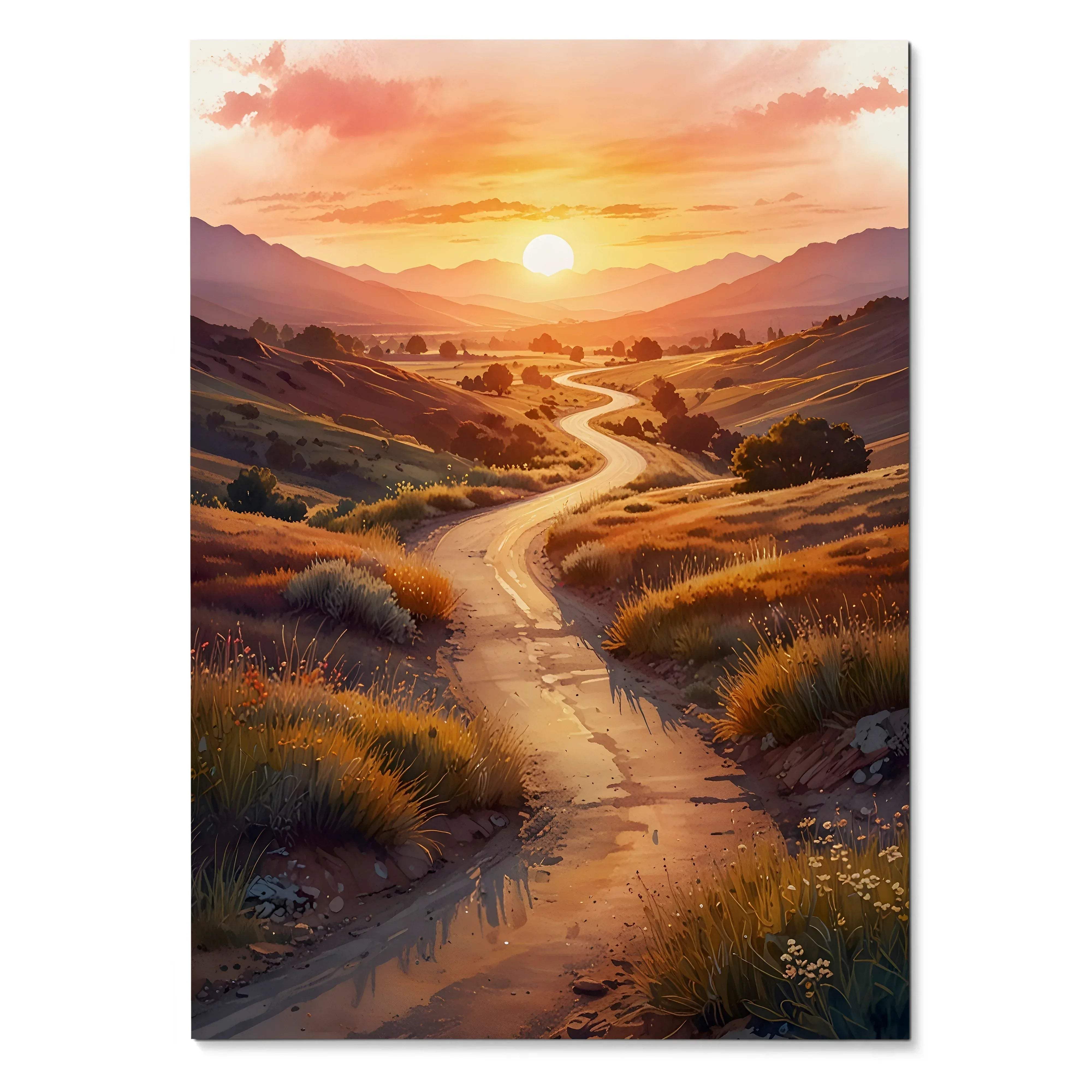 Vertical watercolor style sunset nature poster depicting a winding dirt path through golden hills with warm sunlight and.